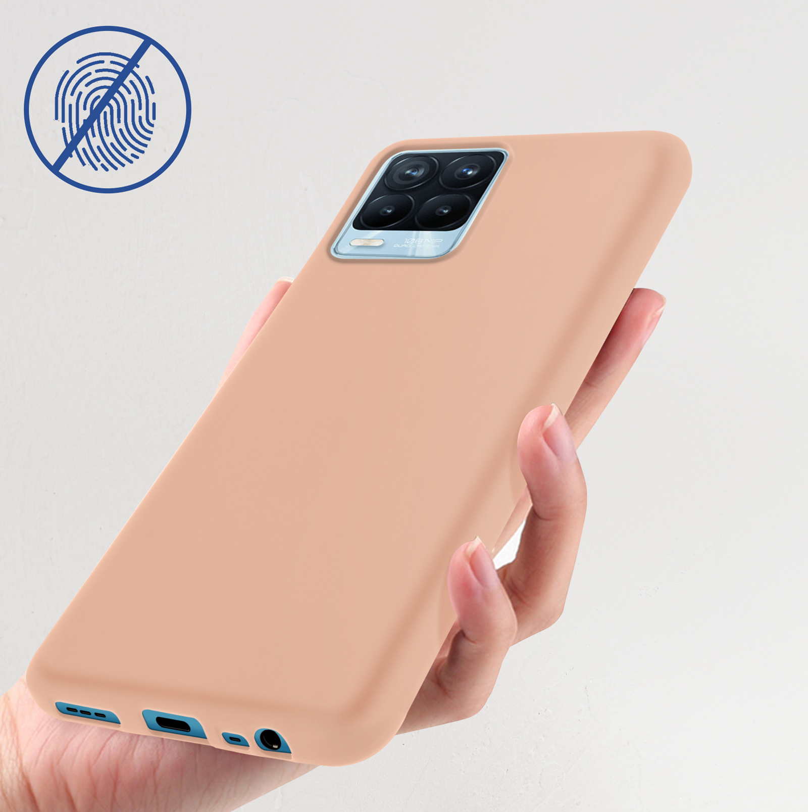 Una mano tiene una custodia per telefono color pesca. Un simbolo di impronta digitale è visibile.