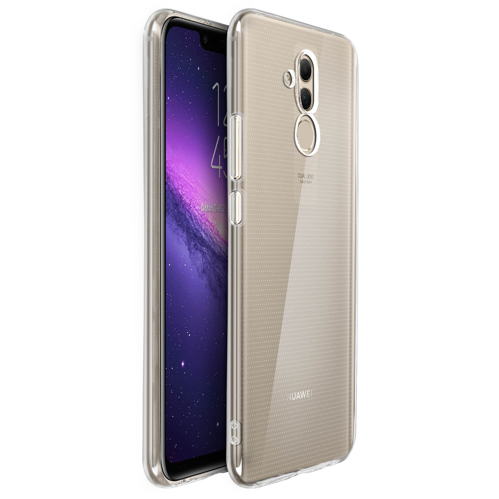 Ein Telefon mit transparenter Hülle, das die Rückseite des Telefons zeigt, auf weißem Hintergrund.