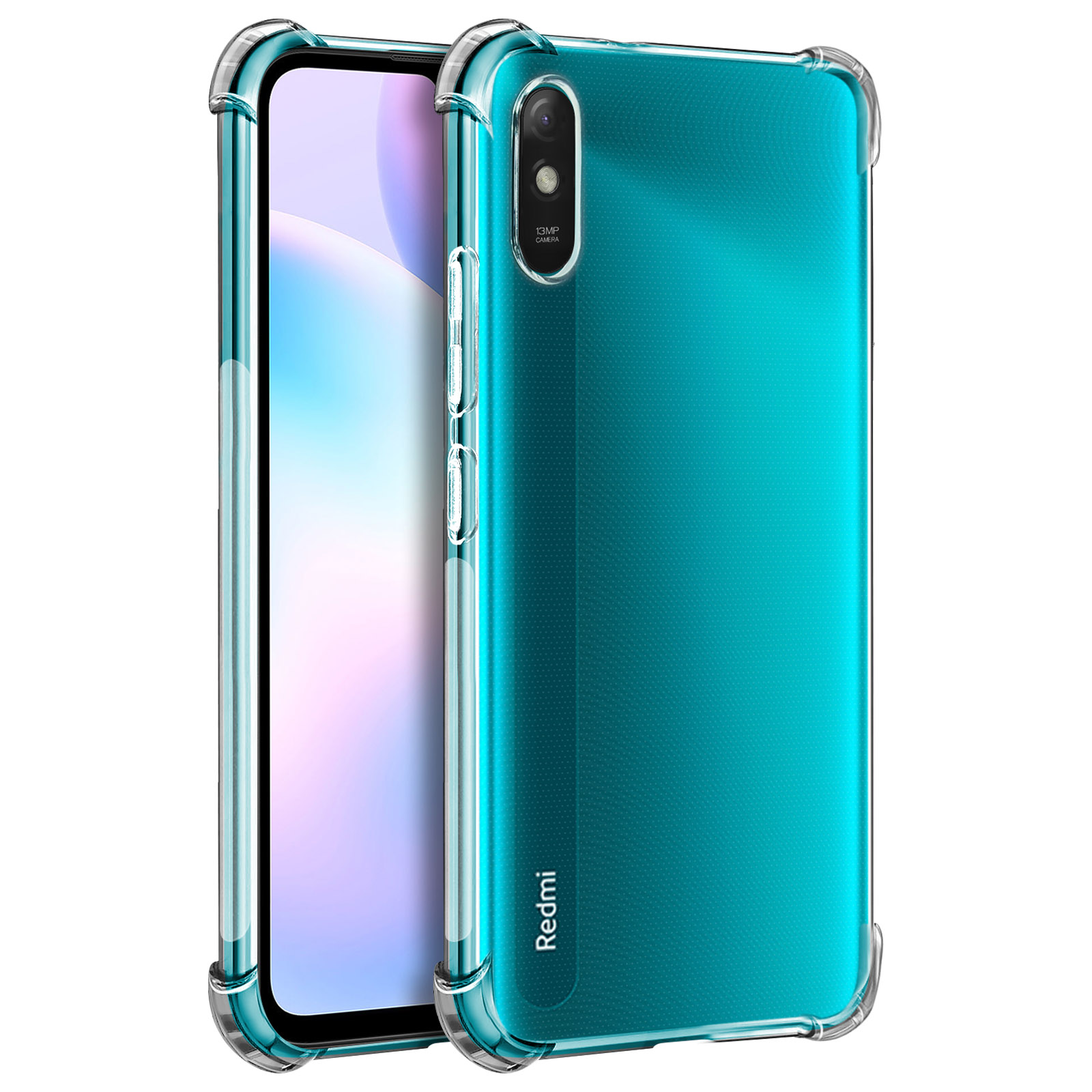 Custodia del telefono verde acqua con bordi trasparenti. La custodia protegge il telefono. Parola Redmi visibile.