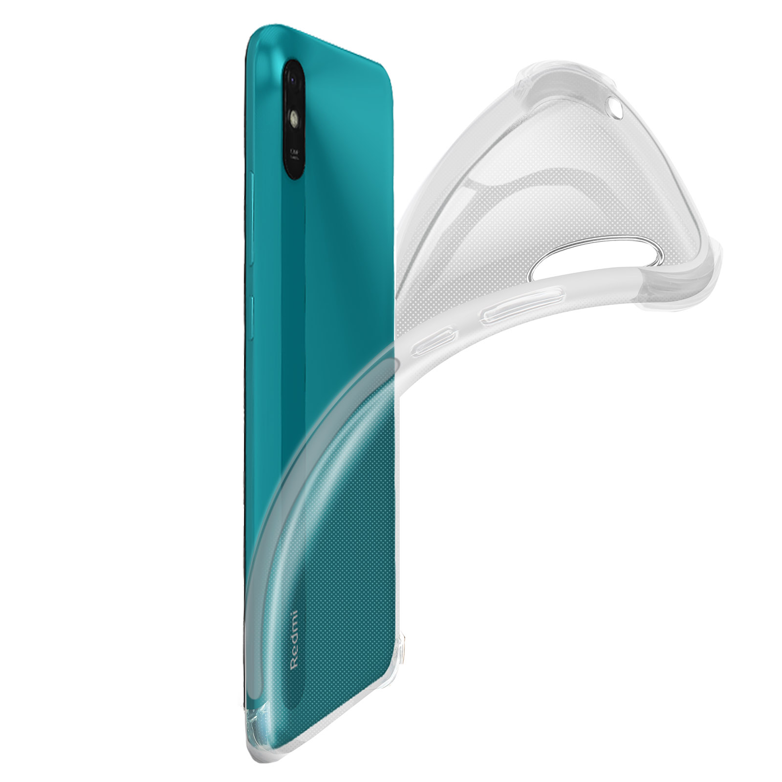 Telefono turchese con custodia trasparente. La custodia è parzialmente rimossa, mostrando colore e design.