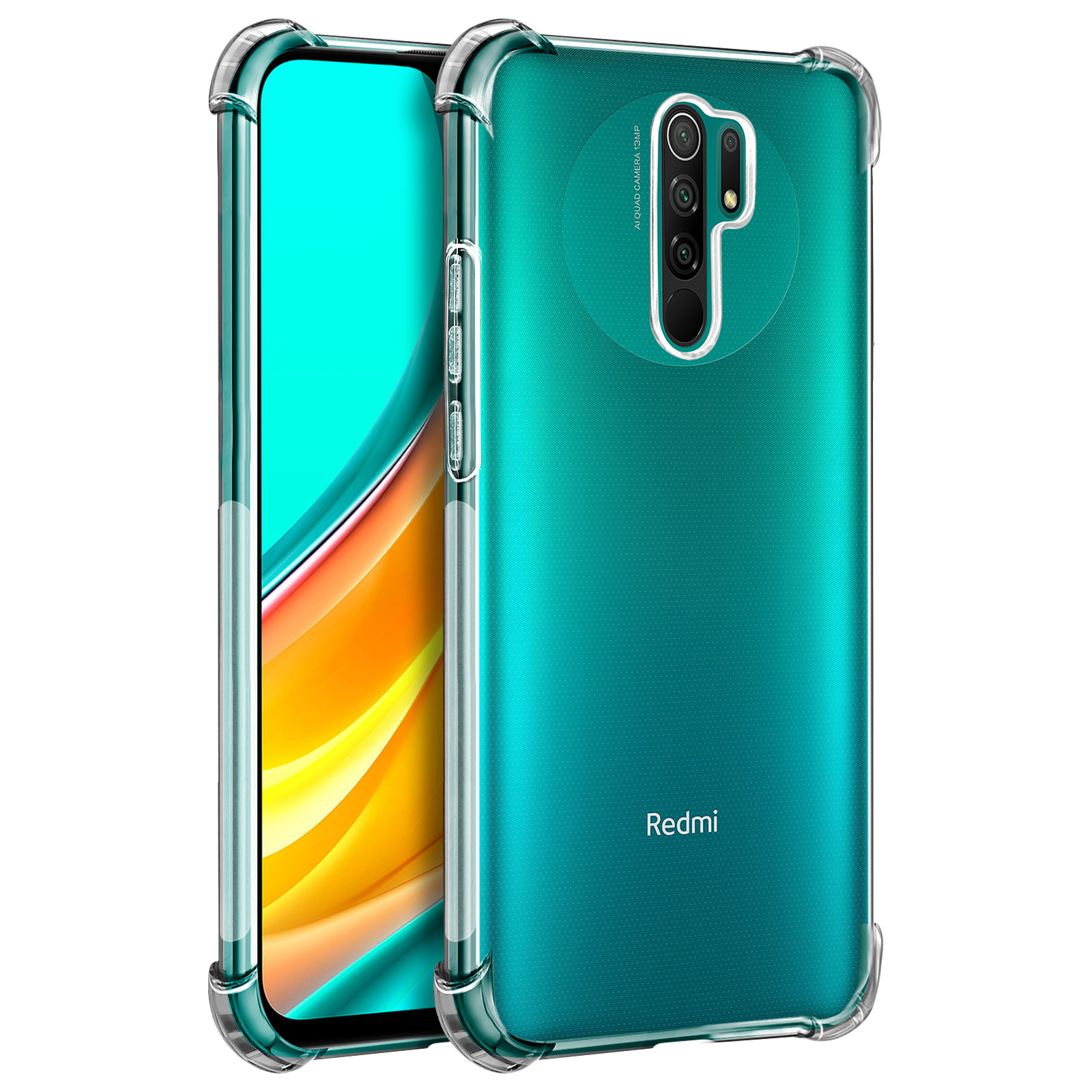 Telefono verde con custodia trasparente, logo Redmi visibile e cornice trasparente.