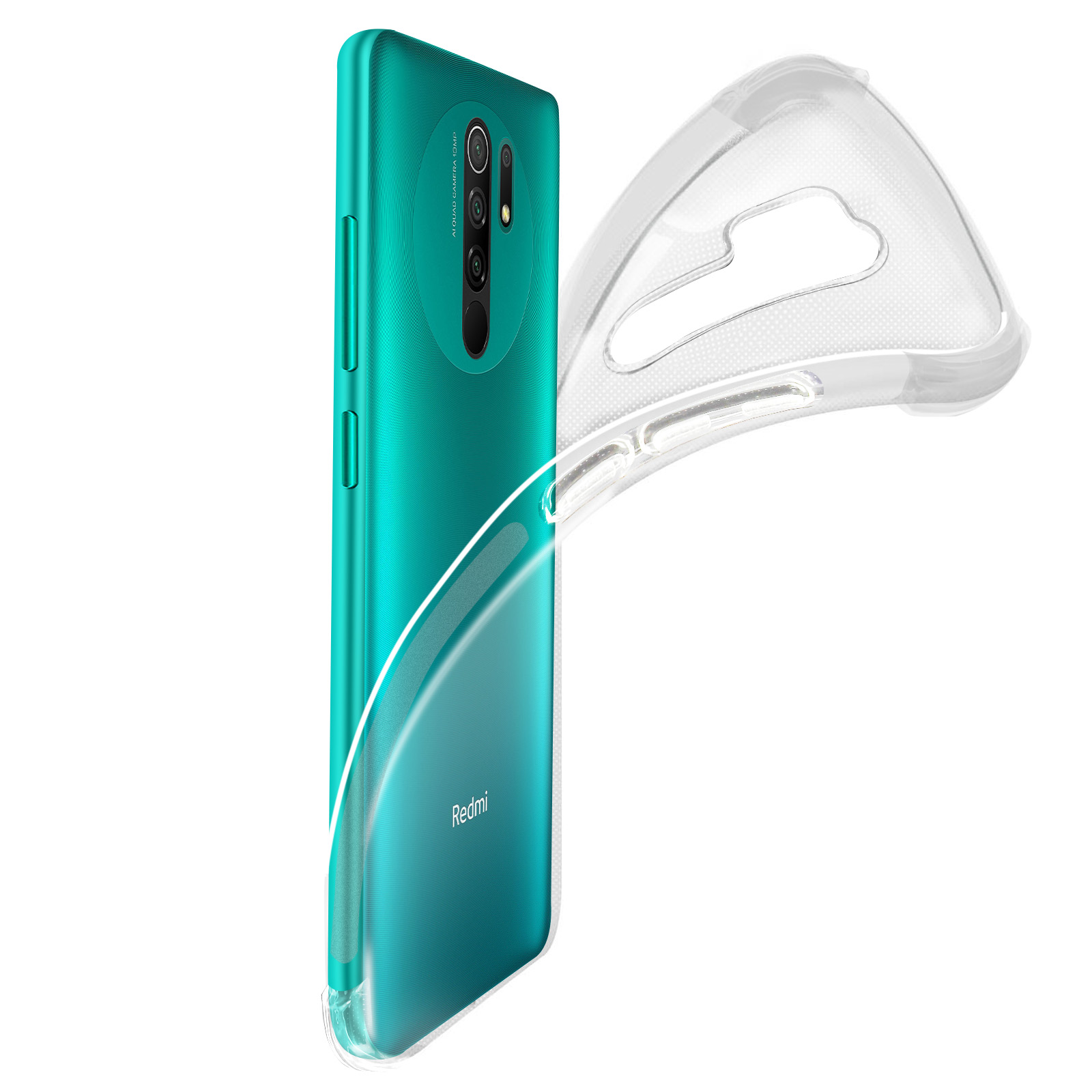 Telefono Redmi con custodia trasparente. È posizionato su una superficie bianca.