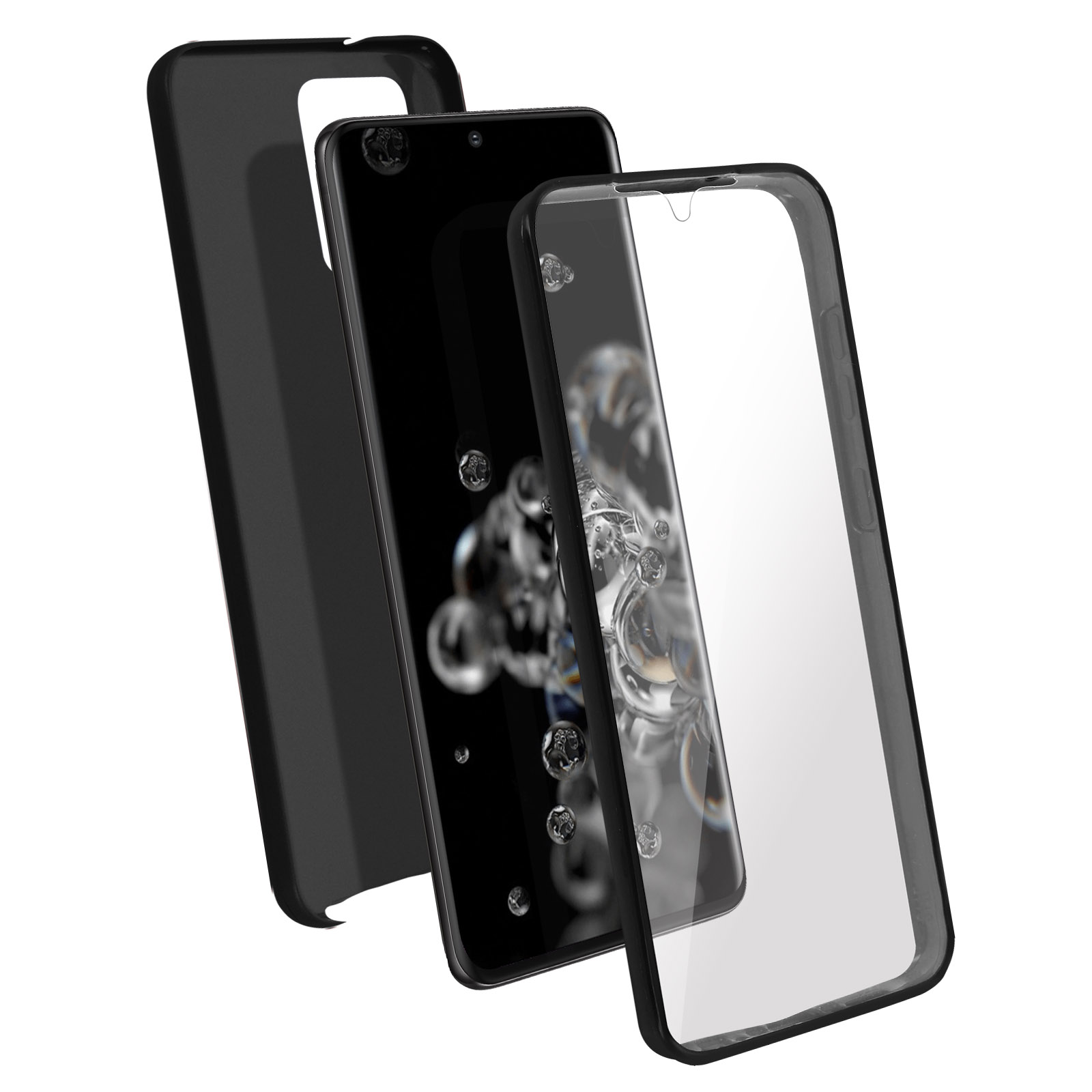 Un telefono con una custodia e una protezione per lo schermo. Il telefono è nero. La custodia e la protezione sono trasparenti.