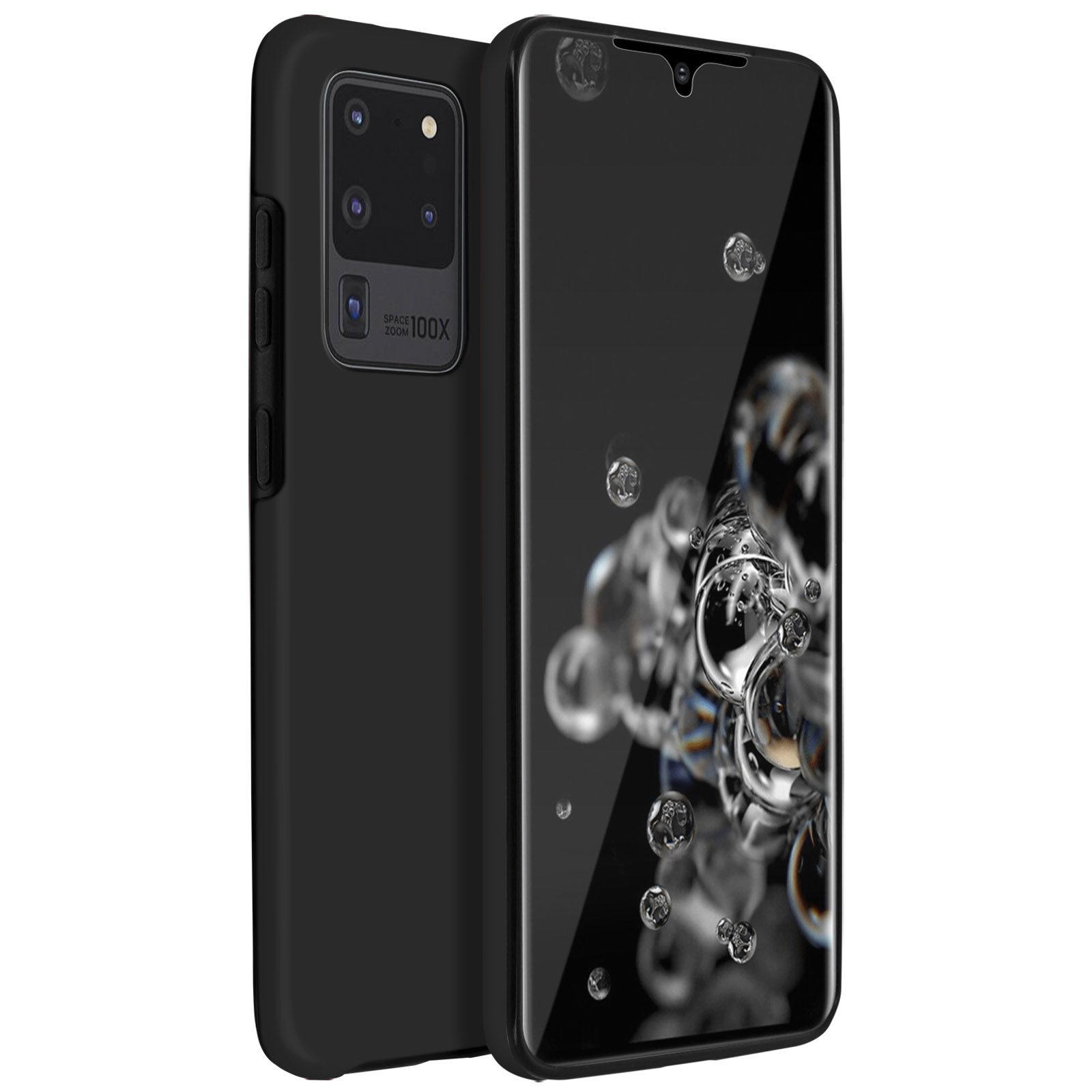 Telefono nero con custodia nera e protezione schermo. Bolle sullo sfondo.