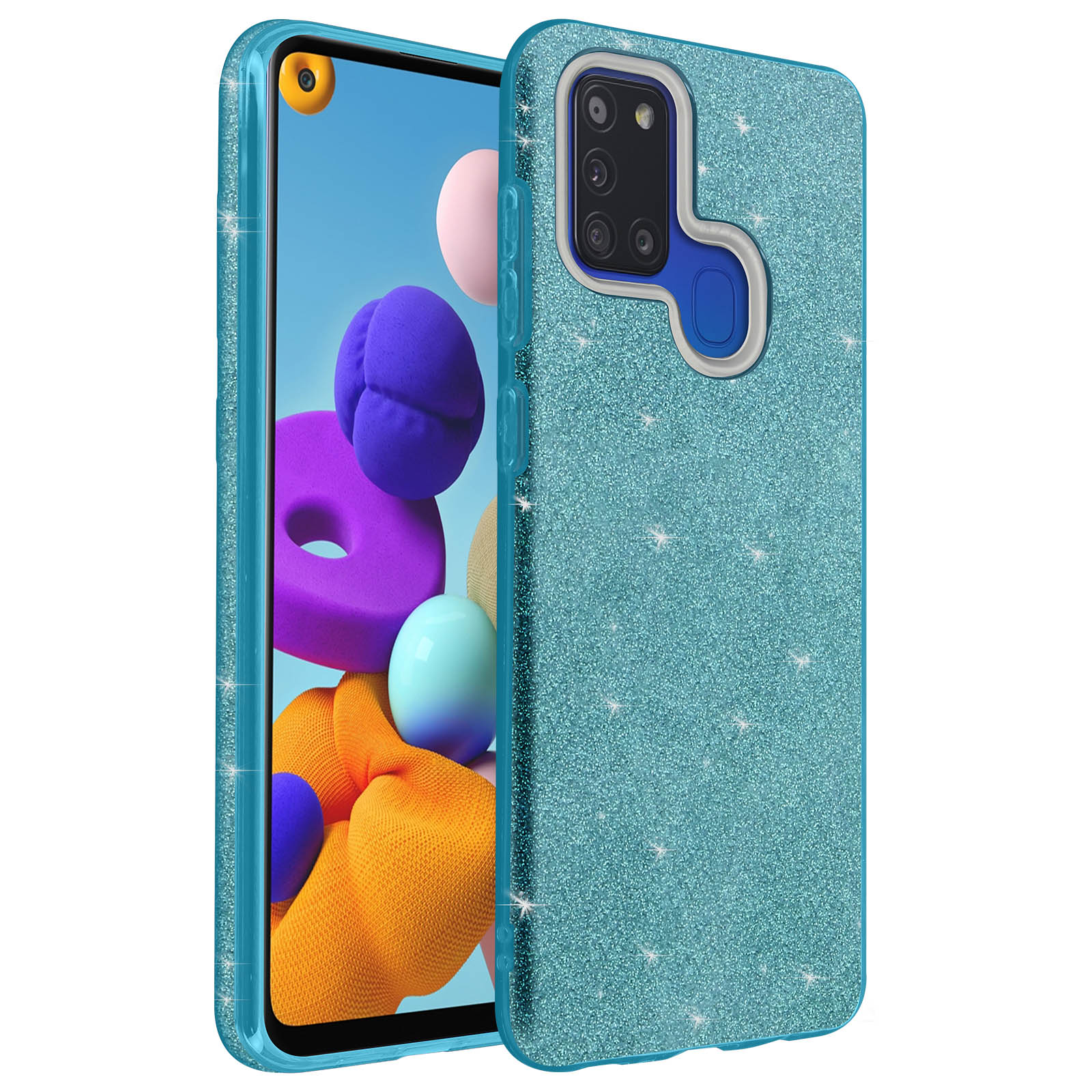 Coque de téléphone bleu pailleté. Un smartphone est à l'intérieur avec un arrière-plan coloré.