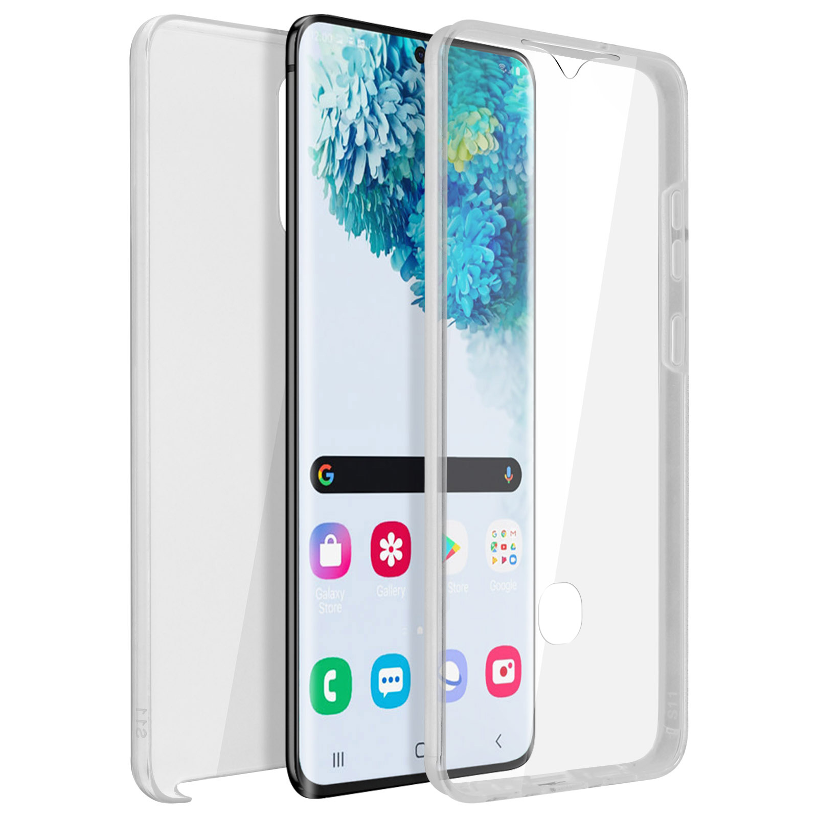 Telefoon met schermbeschermer. De telefoon toont een display. Transparante beschermer rondom de telefoon.