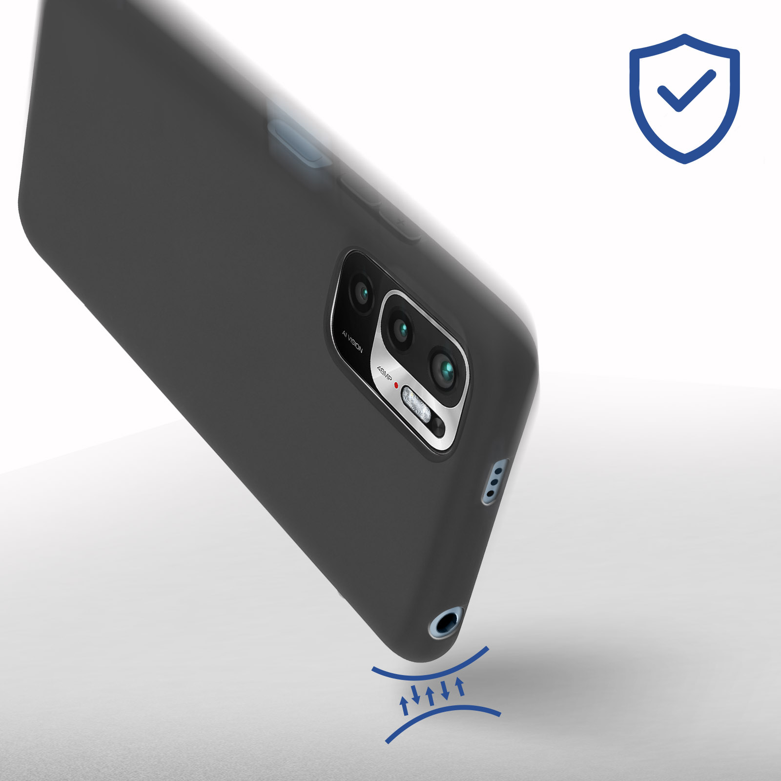 Primo piano di una custodia nera, lato con fori per fotocamera e porte, con icona a goccia.