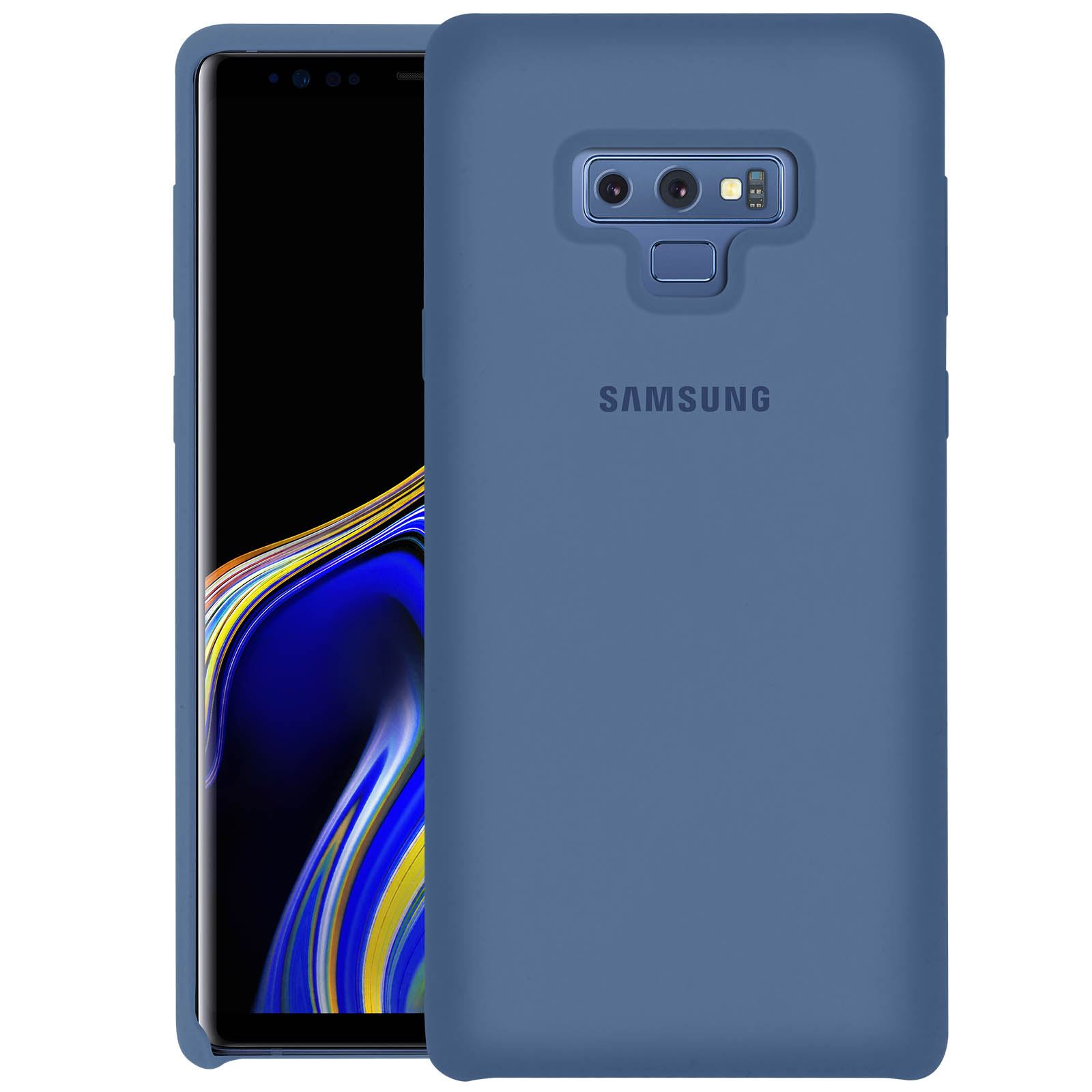 Custodia blu con telefono all'interno, logo Samsung.