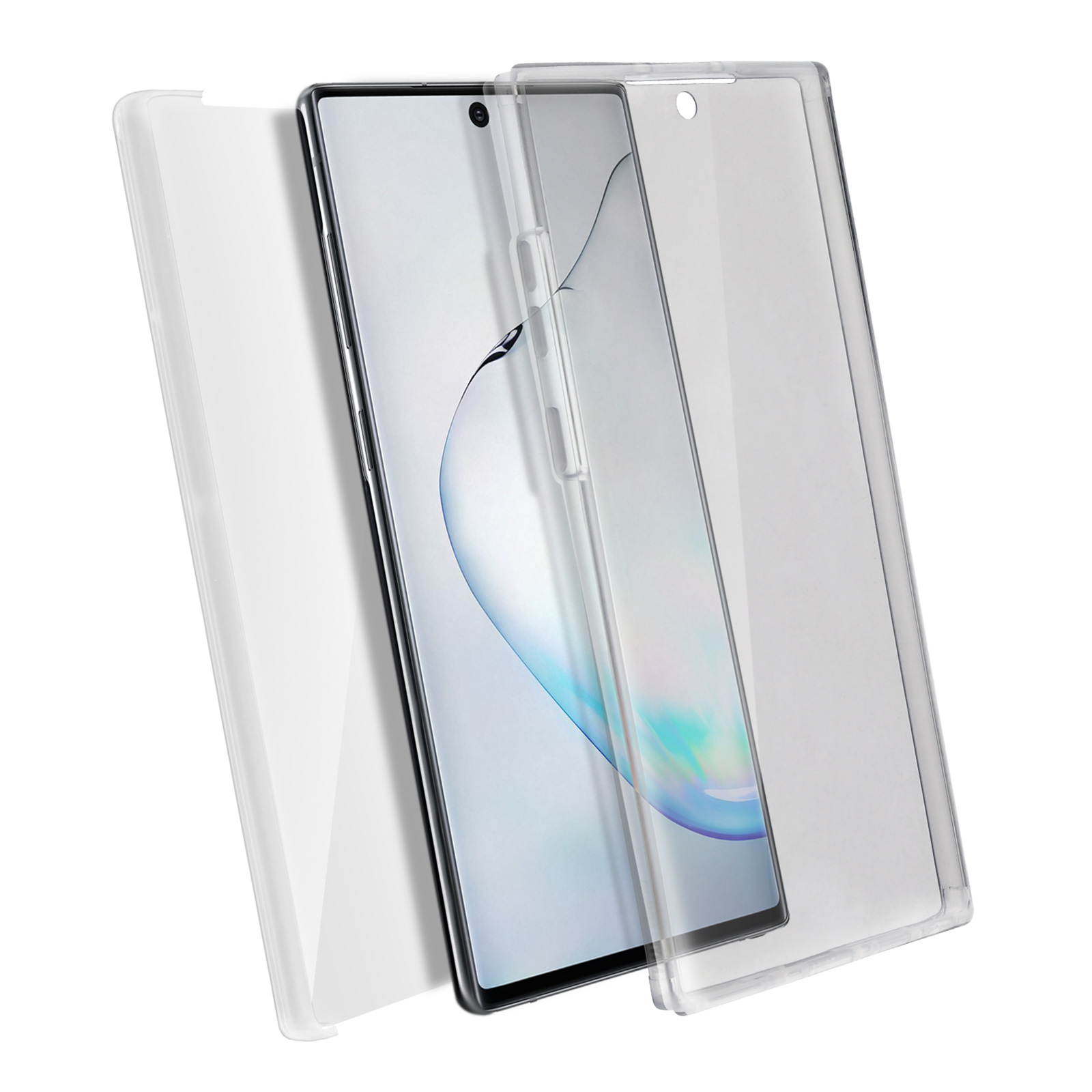 Coque transparente et protecteur d'écran sur un téléphone. Le téléphone est noir.