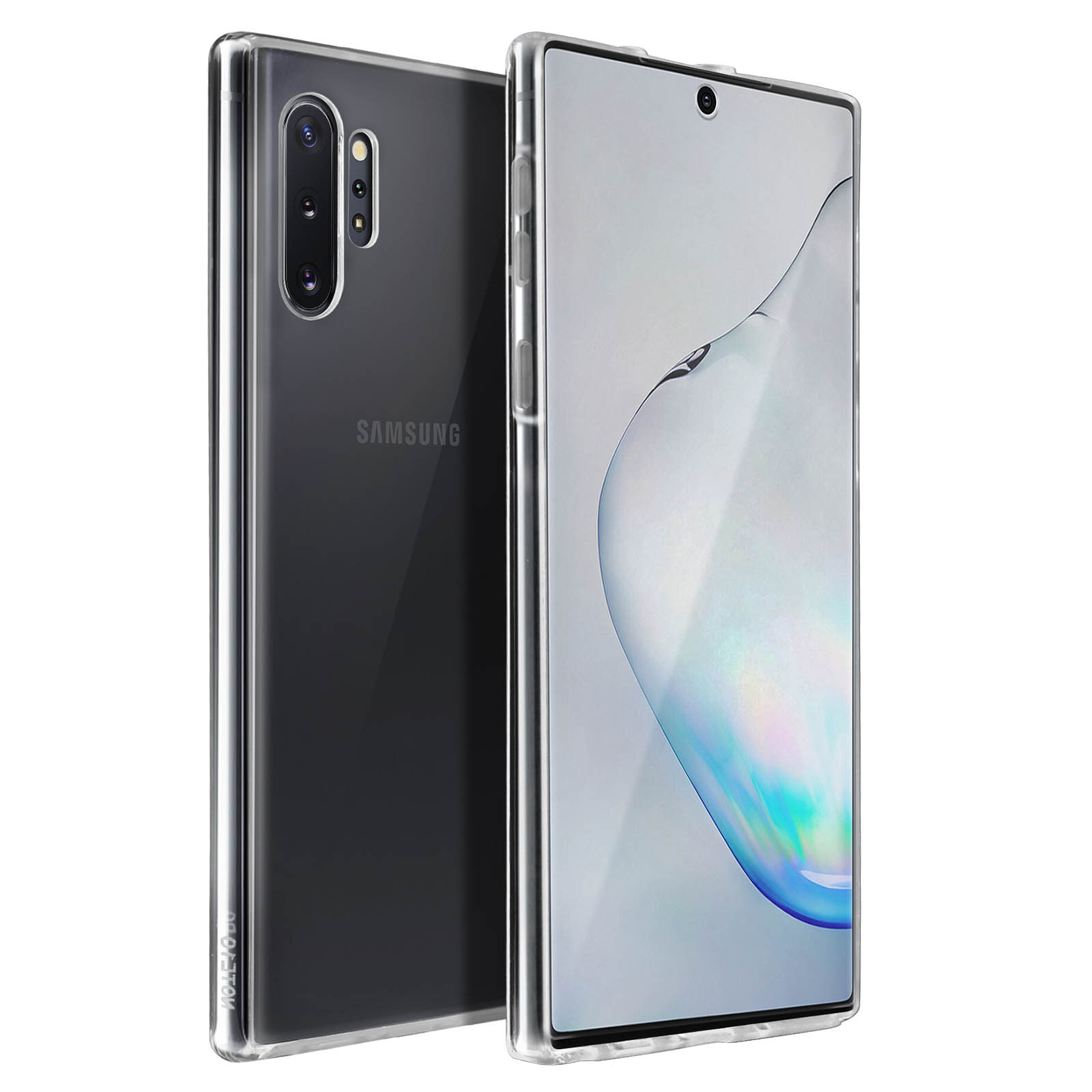 Smartphone avec coque transparente. Coque transparente à l'arrière. Fond blanc.