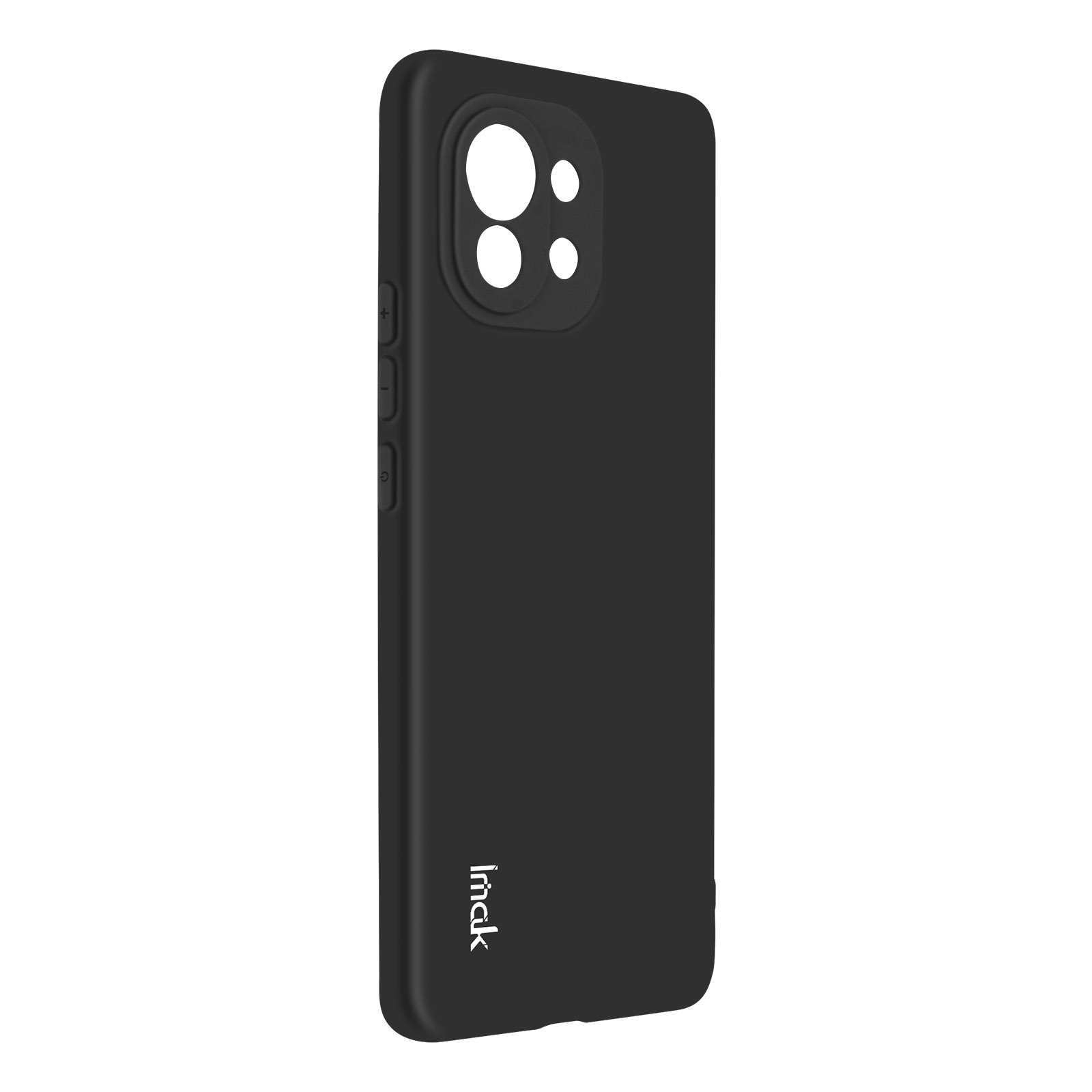 Custodia per telefono nera con foro per fotocamera e logo imak.