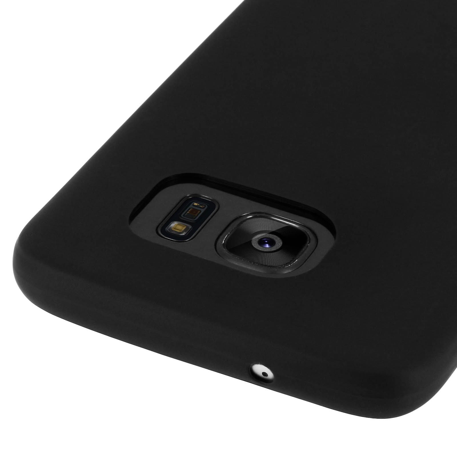 Primo piano del retro di un telefono nero, che mostra la fotocamera e un piccolo foro.