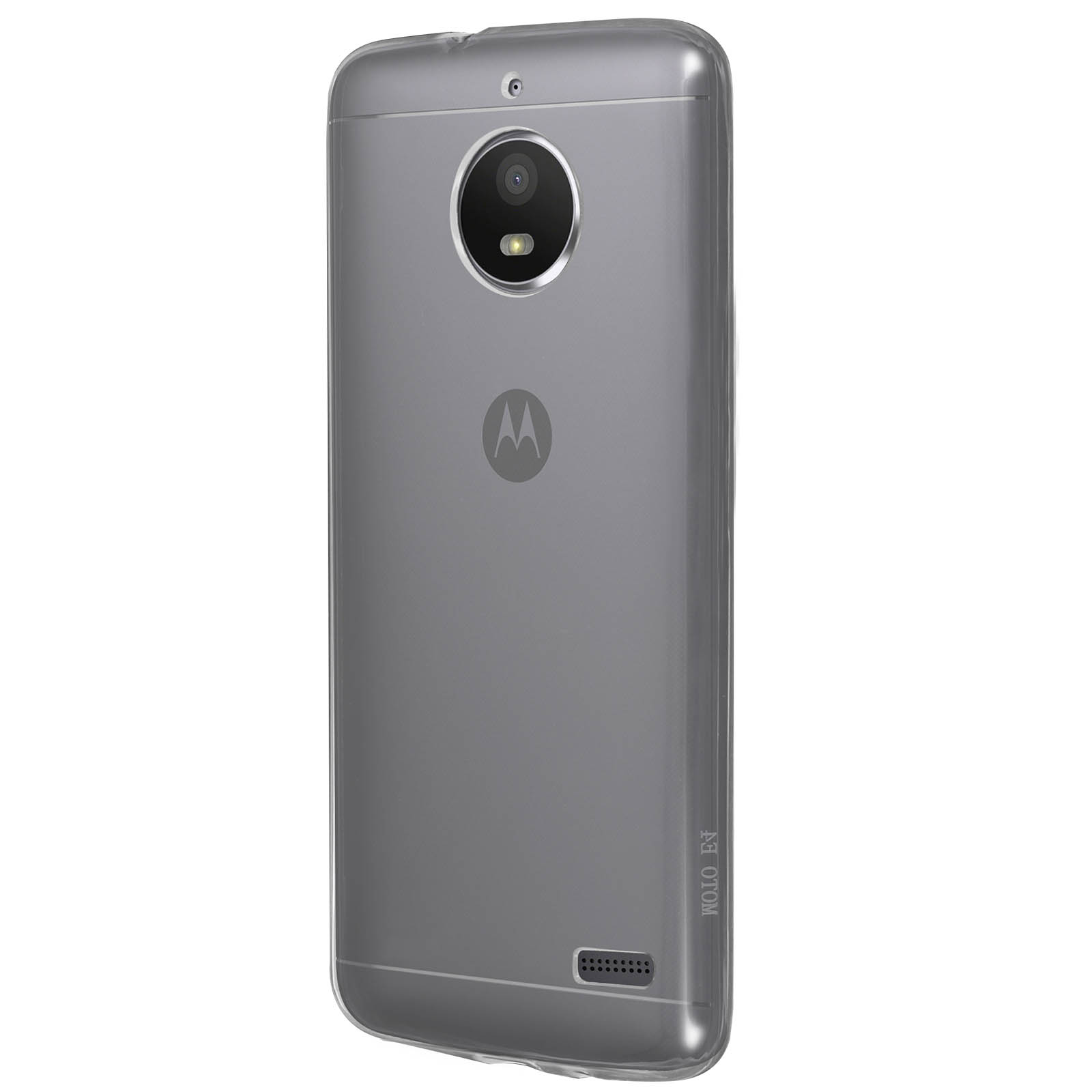 Telefono grigio con custodia trasparente. Logo Motorola visibile. Fotocamera al centro.