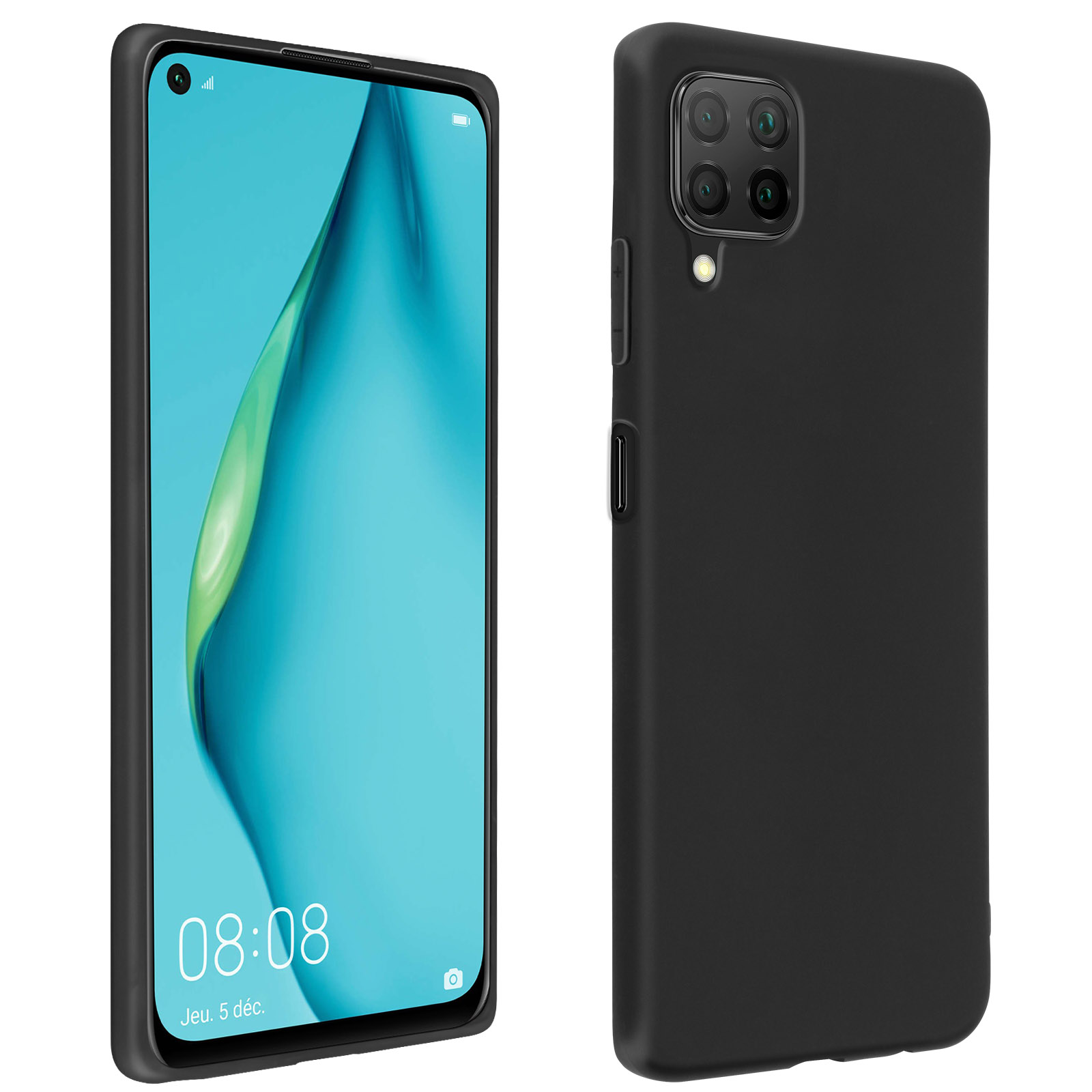 Zwarte telefoonhoes. De telefoon wordt getoond. De achterkant heeft uitsparingen voor camera en knoppen.