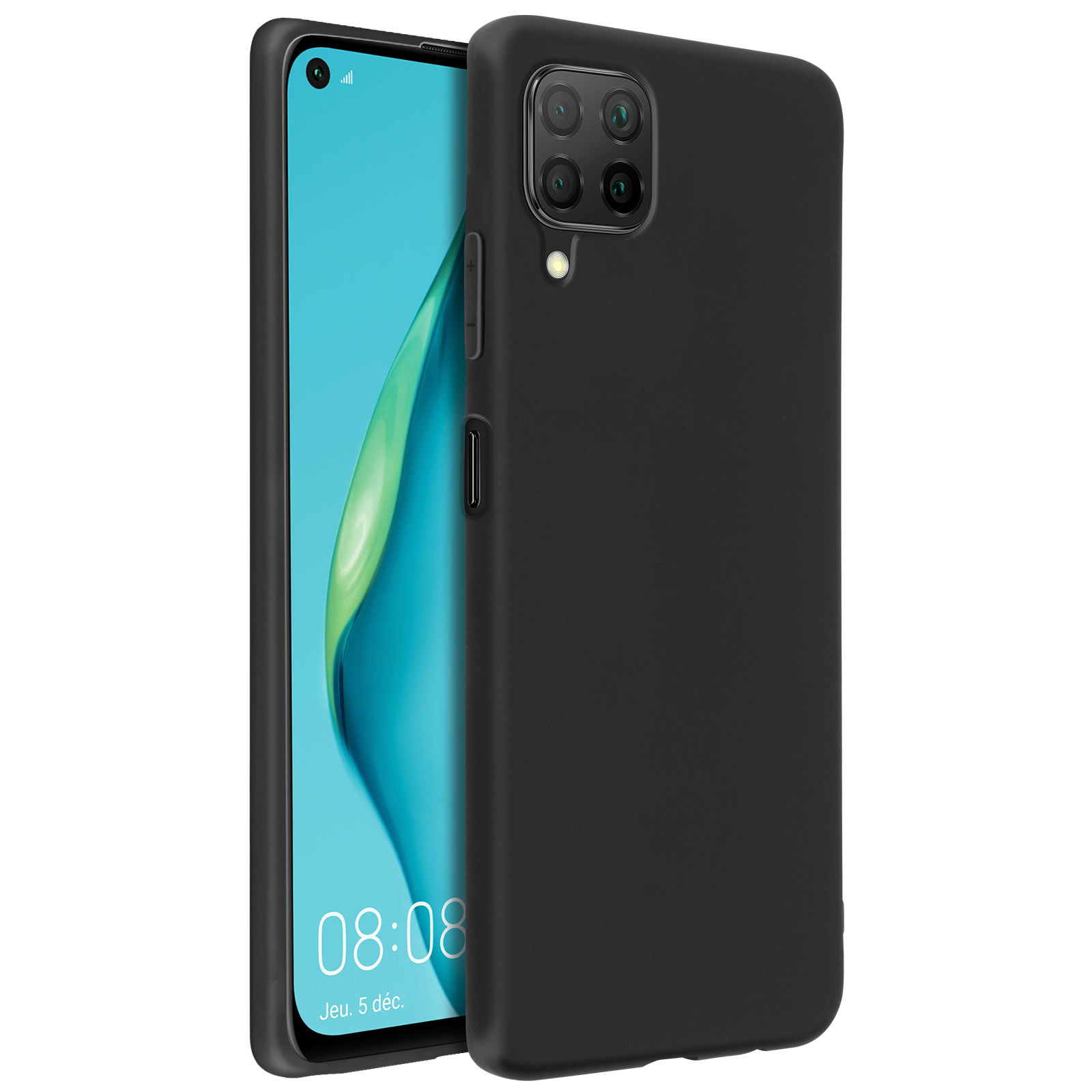Zwarte telefoonhoes met camera- en knopgaten. Een telefoon zit in de hoes, op een wit oppervlak.