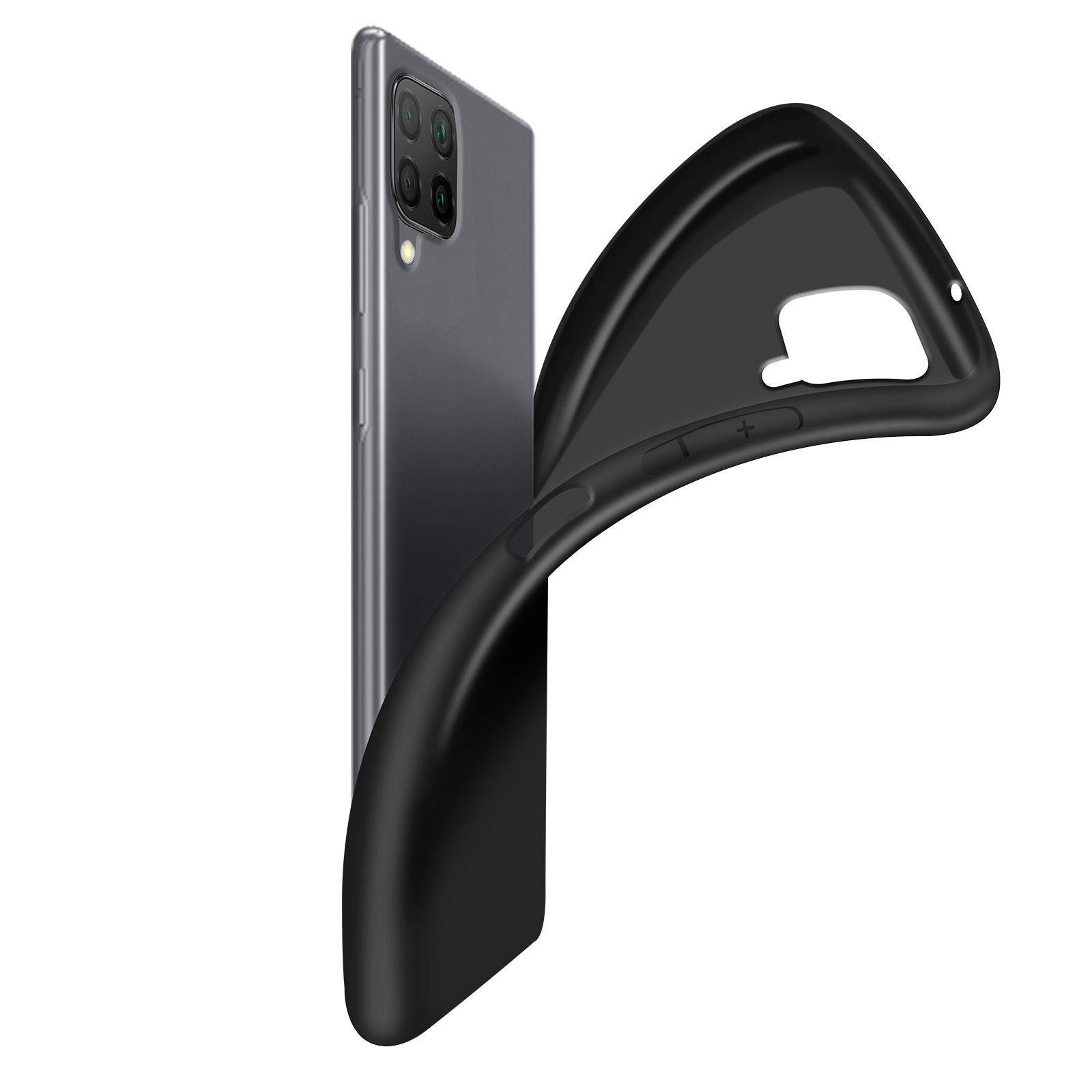 Zwarte telefoonhoes wordt teruggetrokken om grijze telefoon te onthullen.