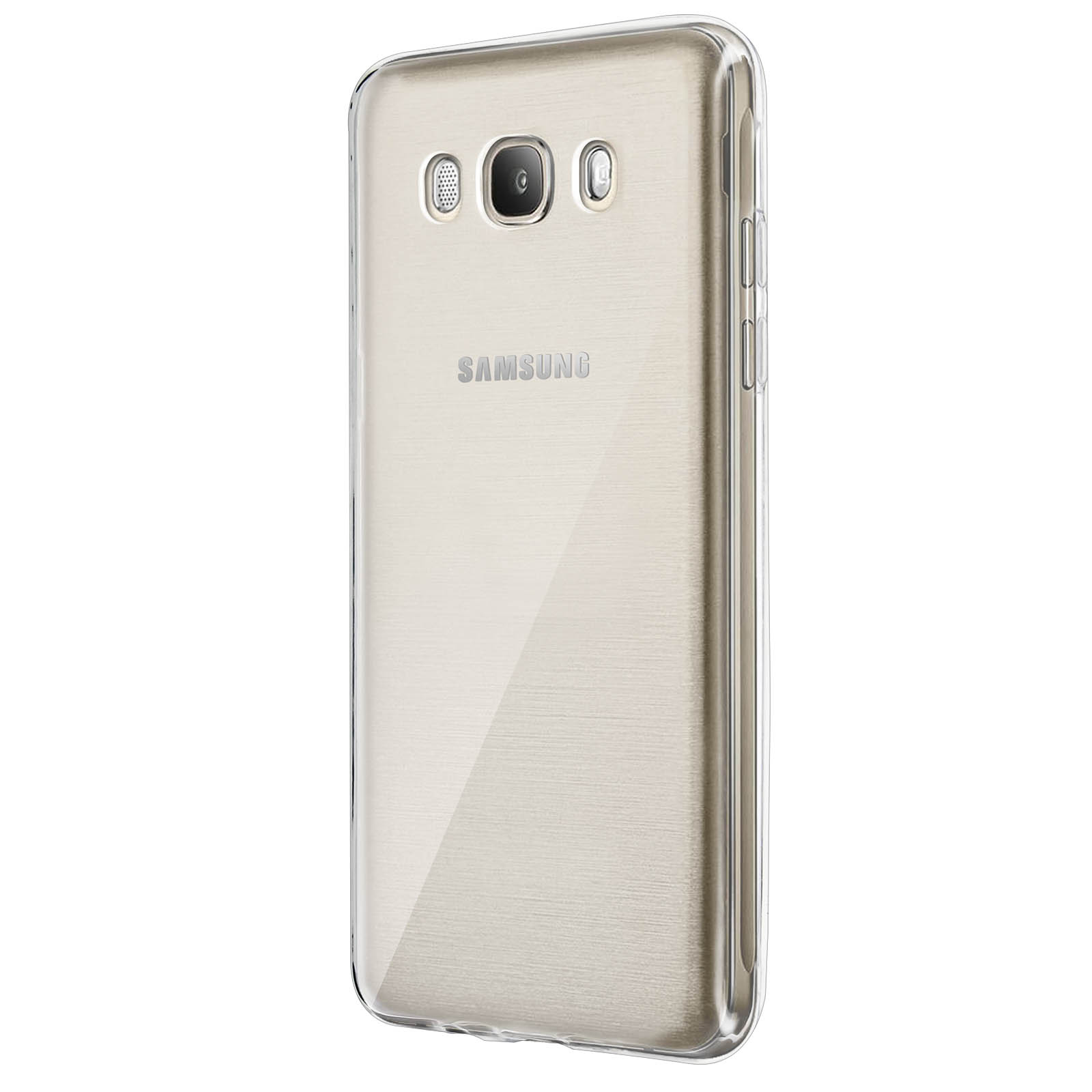 Una custodia trasparente su un telefono dorato. Il logo Samsung è al centro.