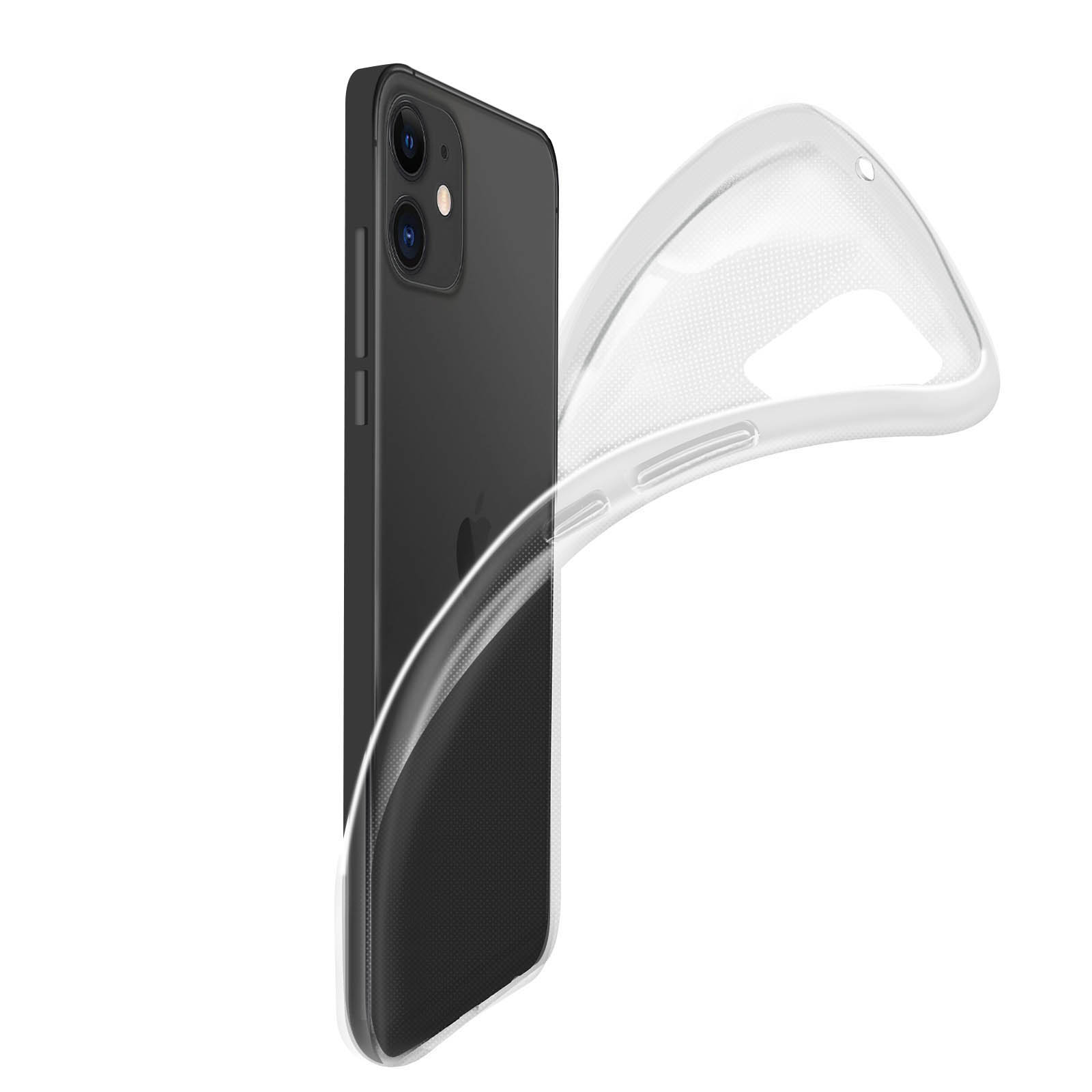 Telefono nero con custodia trasparente in applicazione. Sfondo bianco.