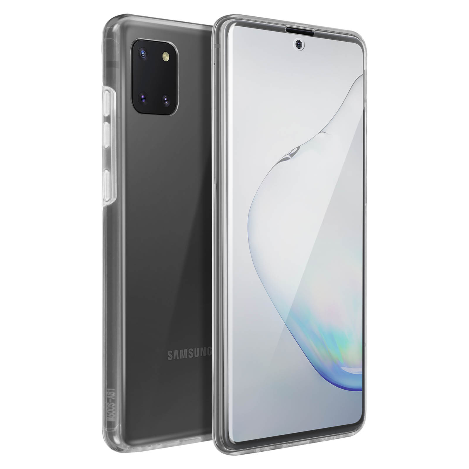 Telefono con custodia trasparente. Il telefono ha una fotocamera a doppia lente. Il logo Samsung è sul retro del telefono.