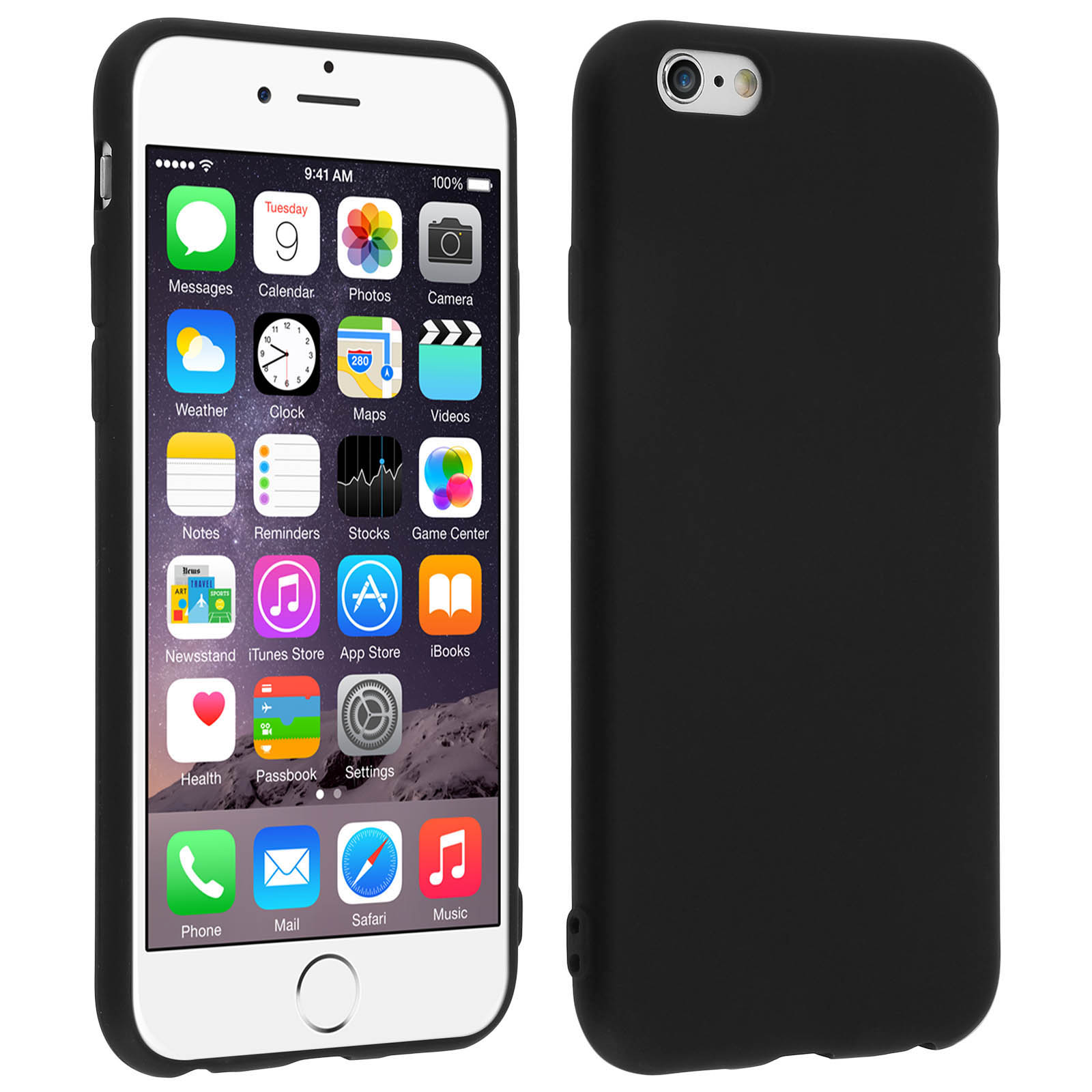 Un iPhone con una funda negra. El teléfono está a la izquierda, mostrando la pantalla. La funda está a la derecha.