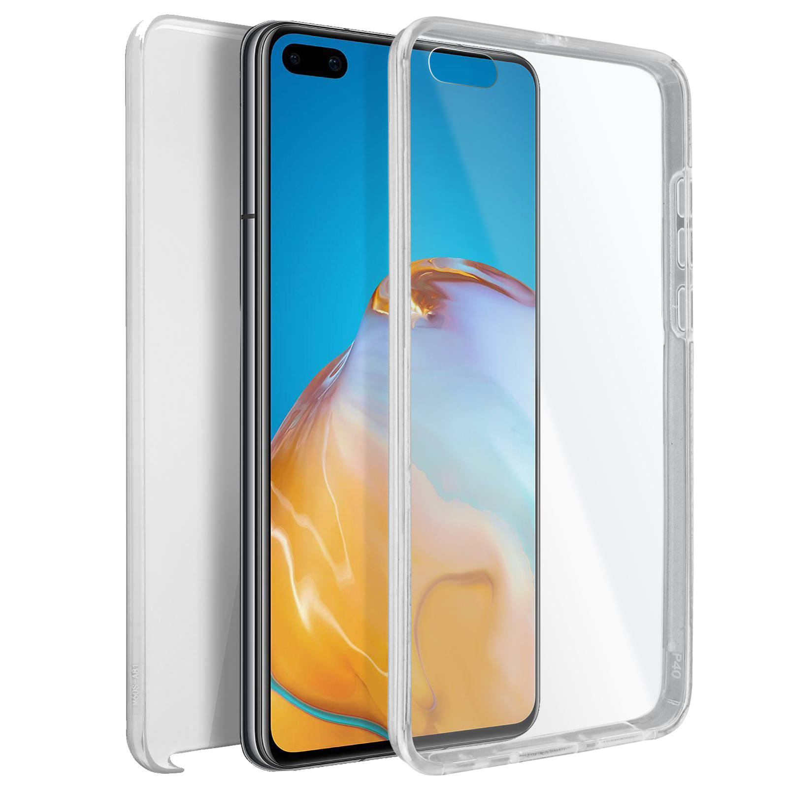 Een smartphone met drie transparante hoesjes. De telefoon is blauw met een heldere schermbeschermer. Witte achtergrond.