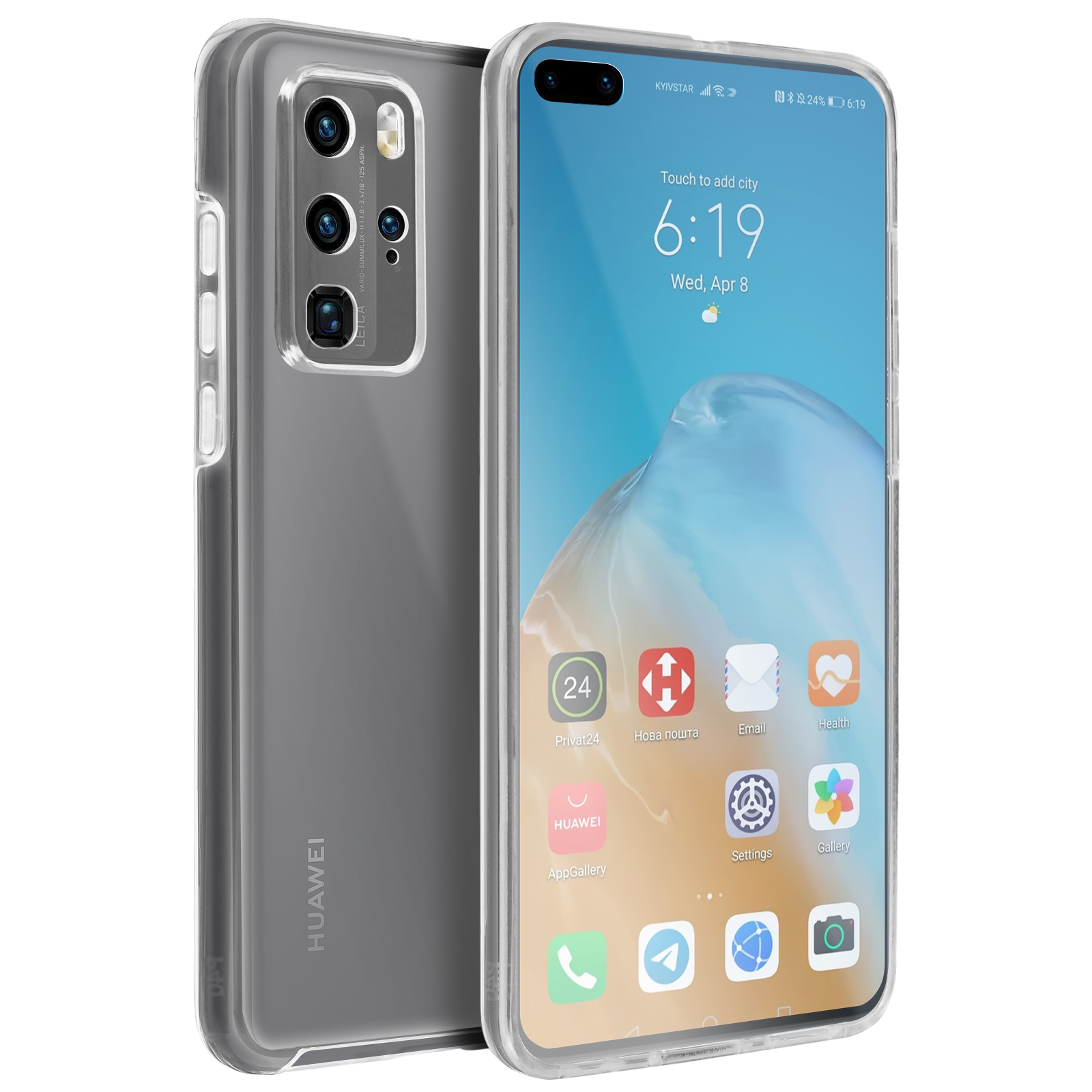 Un telefono con custodia trasparente. Un telefono con custodia trasparente su un tavolo.