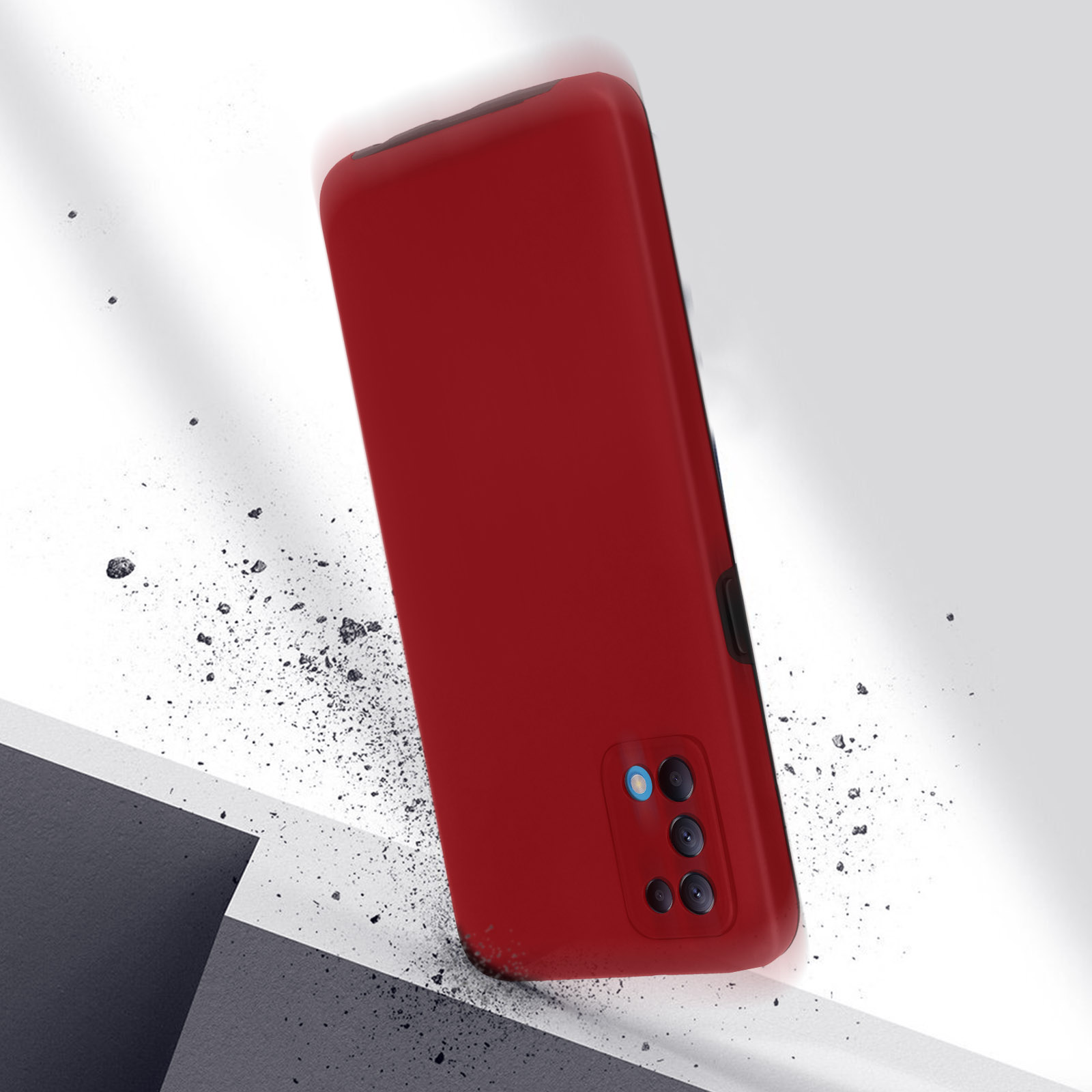Una custodia rossa per telefono, angolata, sembra cadere con detriti sparsi intorno.