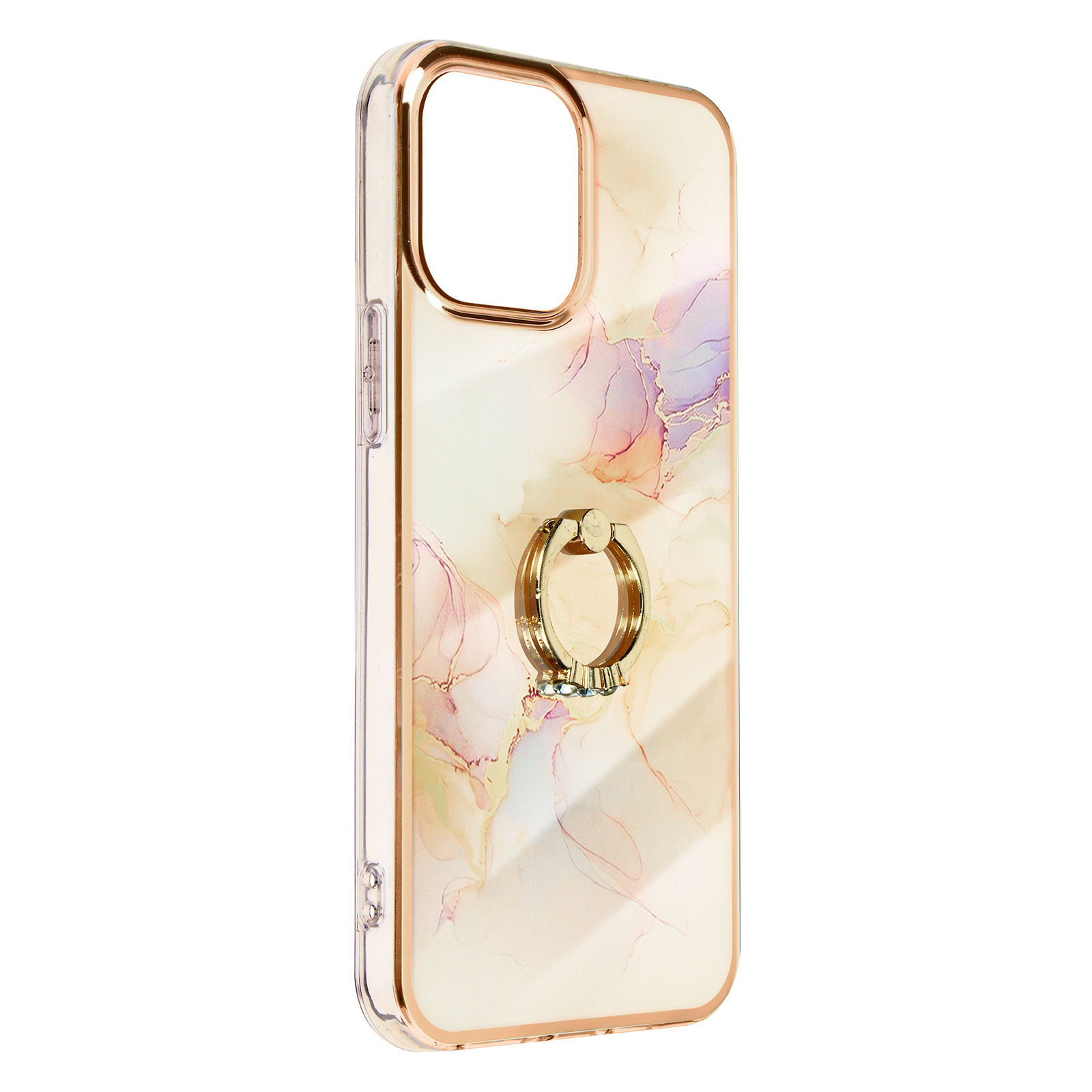 Una funda para teléfono con diseño de mármol y un soporte de anillo dorado.