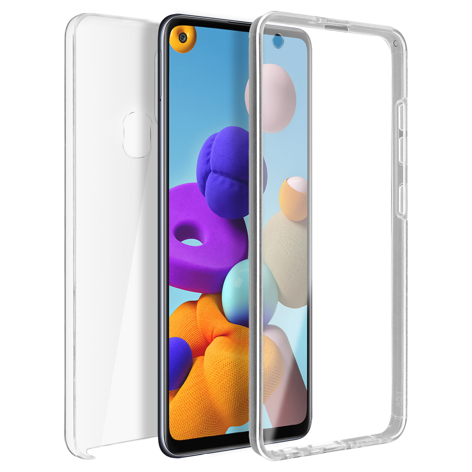 Telefono con custodia trasparente. Lo schermo mostra arte astratta con forme arancioni e viola.