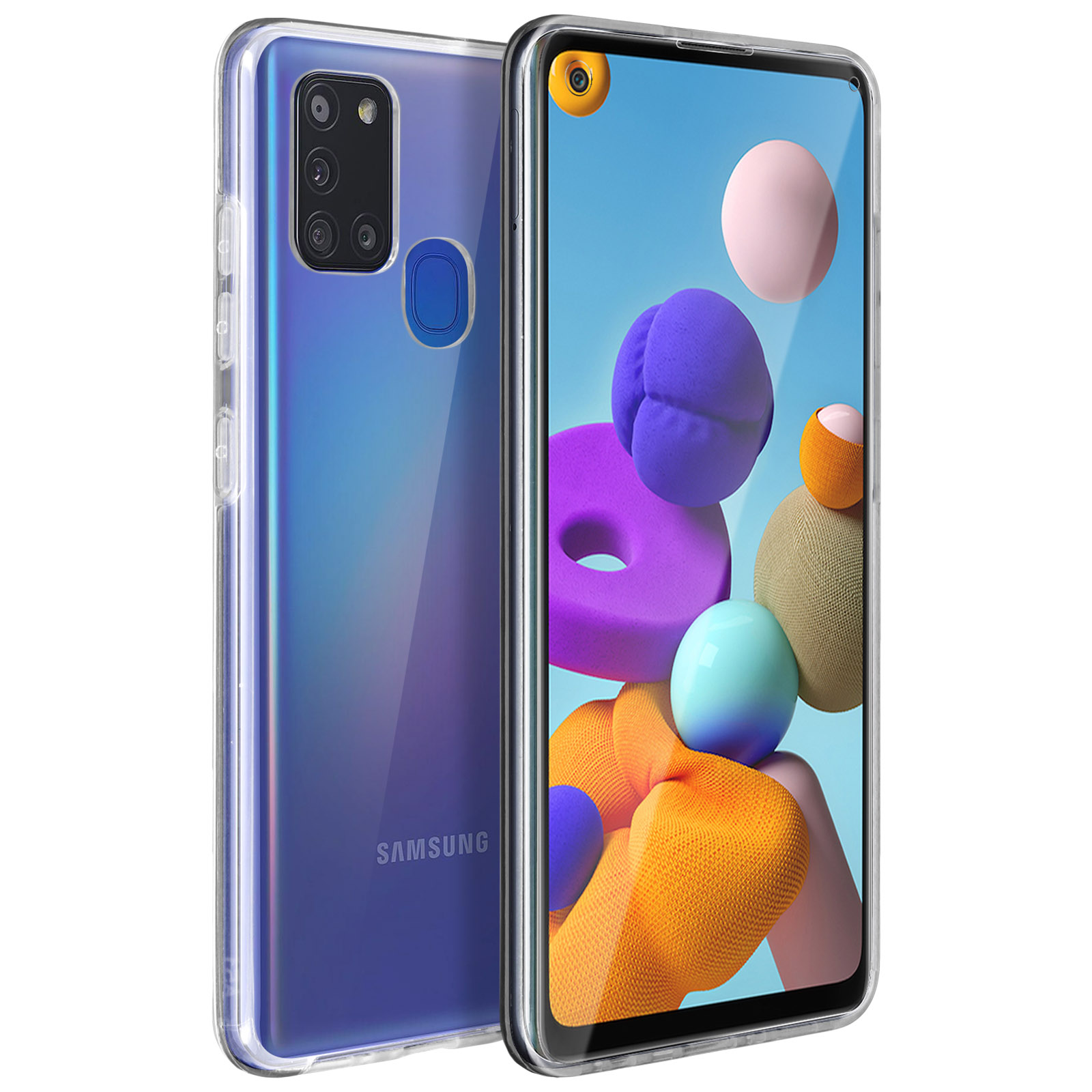 Telefono con custodia trasparente. Lo schermo mostra forme astratte colorate.