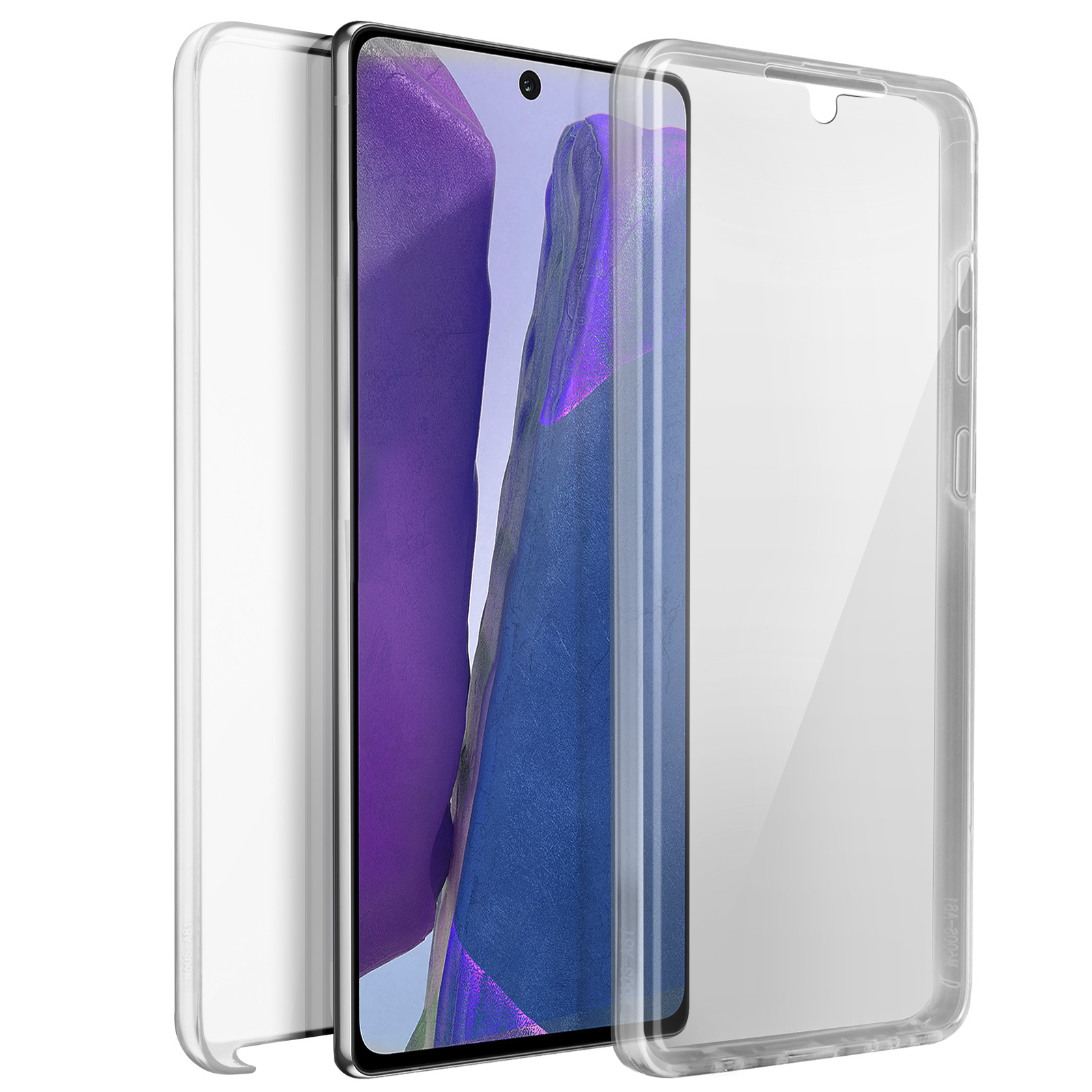 Tre protezioni schermo trasparenti per telefono su sfondo schermo viola e blu.