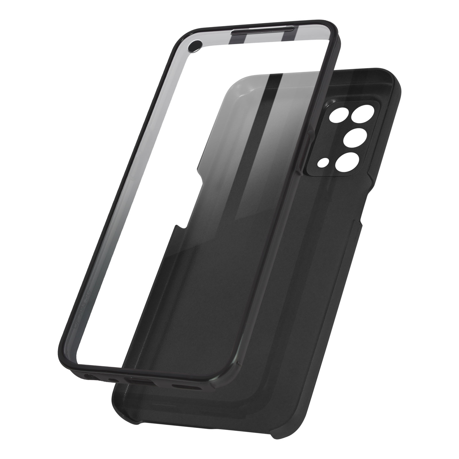 Coque de téléphone noire avec cadre transparent, détachée. La coque a une découpe pour la caméra. Fond blanc.