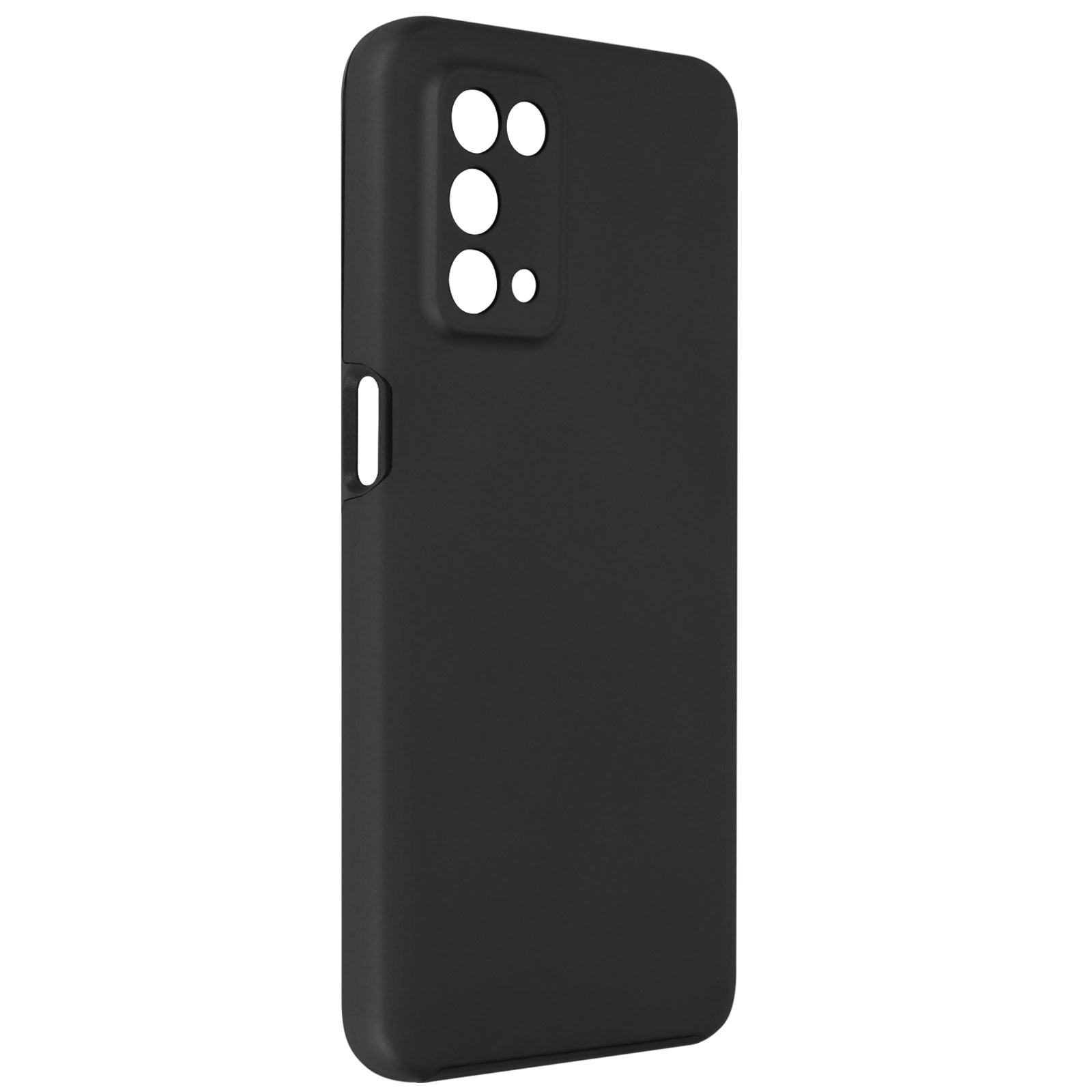 Coque de téléphone noire avec découpes pour caméra et boutons, en l'air.