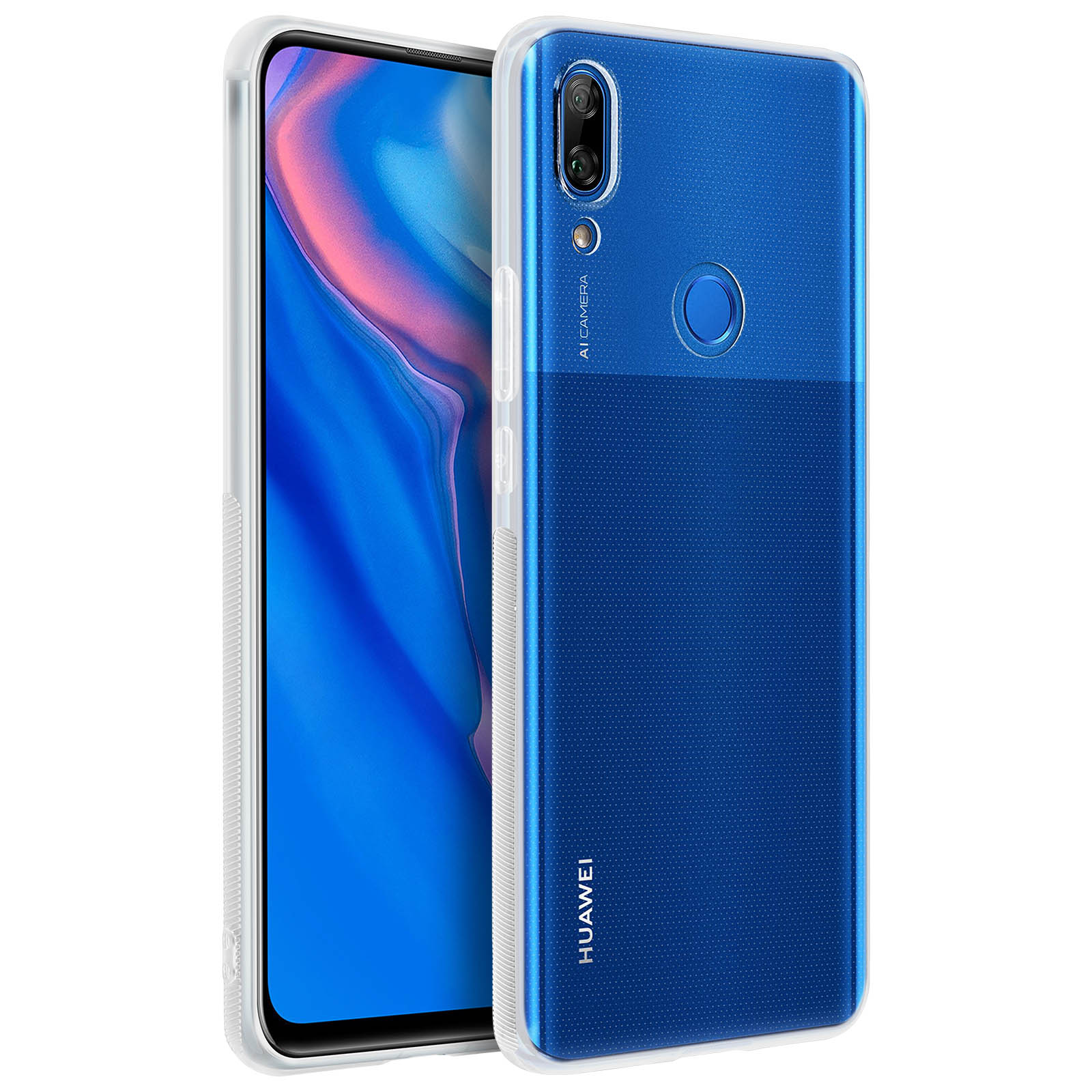 Una custodia blu per telefono con retro trasparente, con un telefono all'interno. Il telefono è blu. La custodia è trasparente.