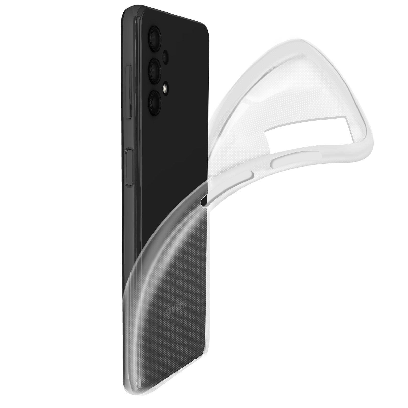 Een telefoon met een doorzichtige hoes, met de achterkant naar buiten. De telefoon is zwart en heeft drie camera's.