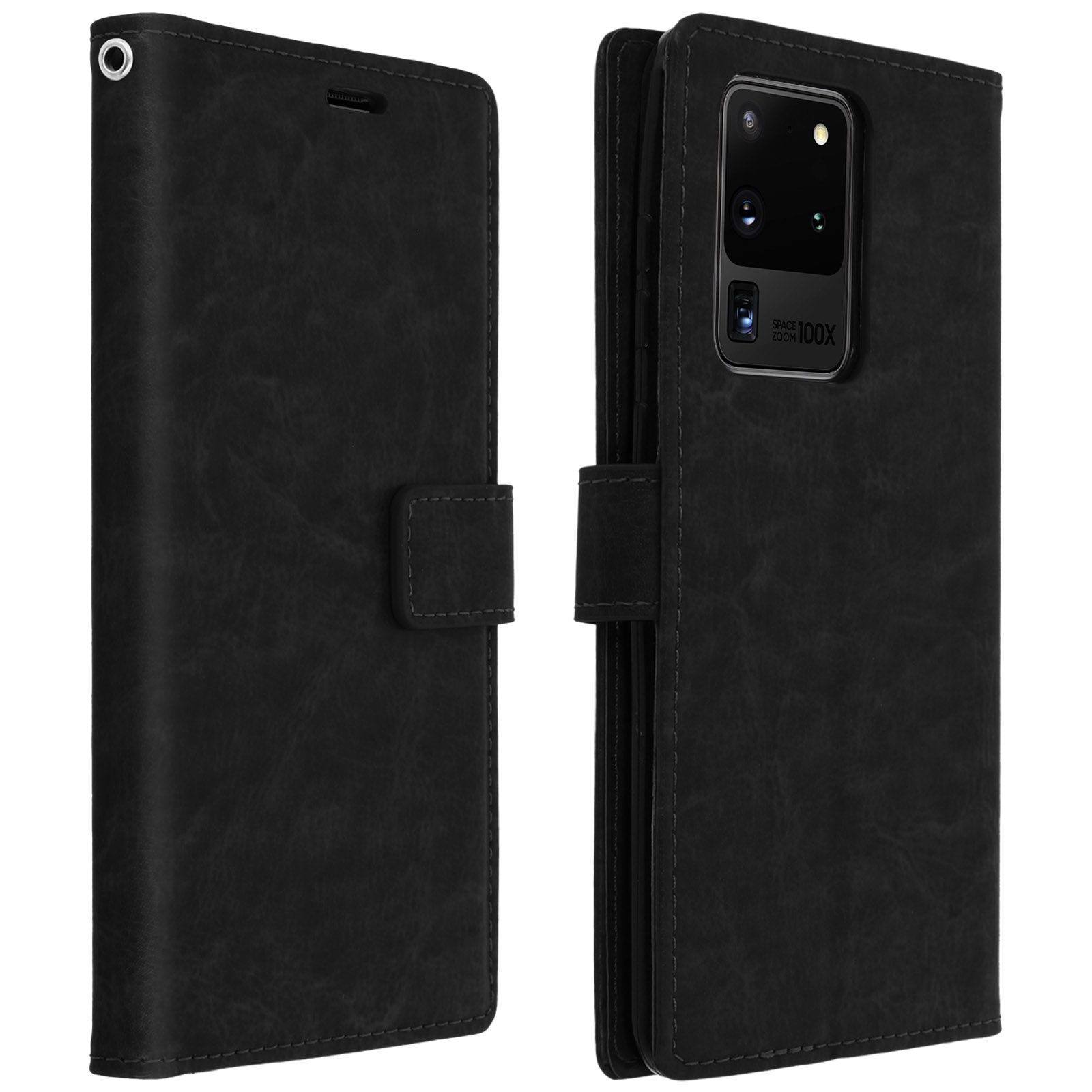Zwarte leren telefoonhoes, gesloten en open. De open hoes toont de telefoon binnenin.