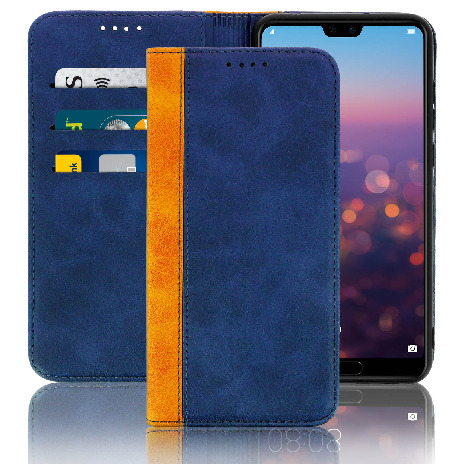 Una custodia per telefono blu e arancione è aperta, con carte visibili. Un telefono con schermo nero a destra.
