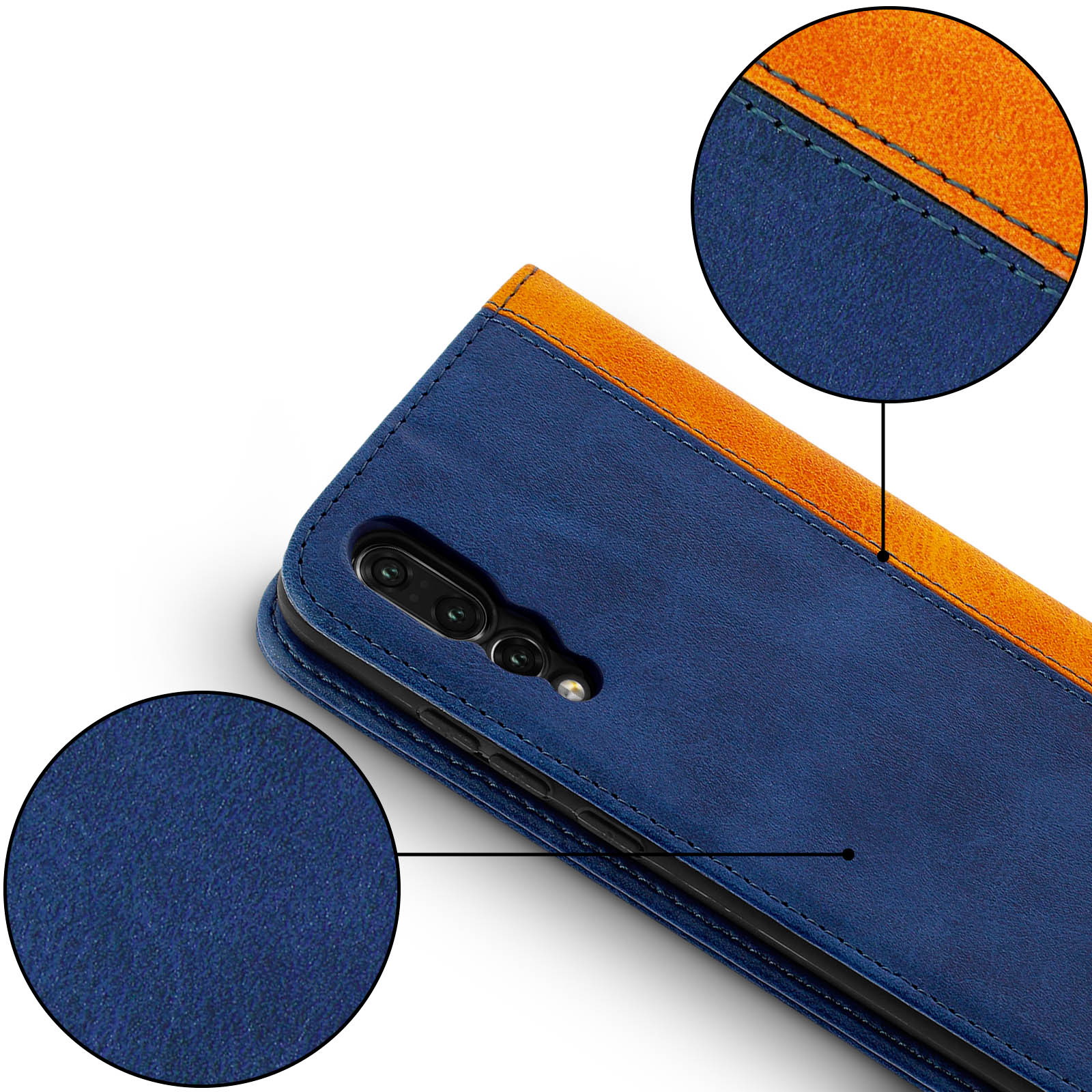 Custodia del telefono aperta, che mostra sezioni blu e arancioni. Primo piano mostra cuciture e texture.