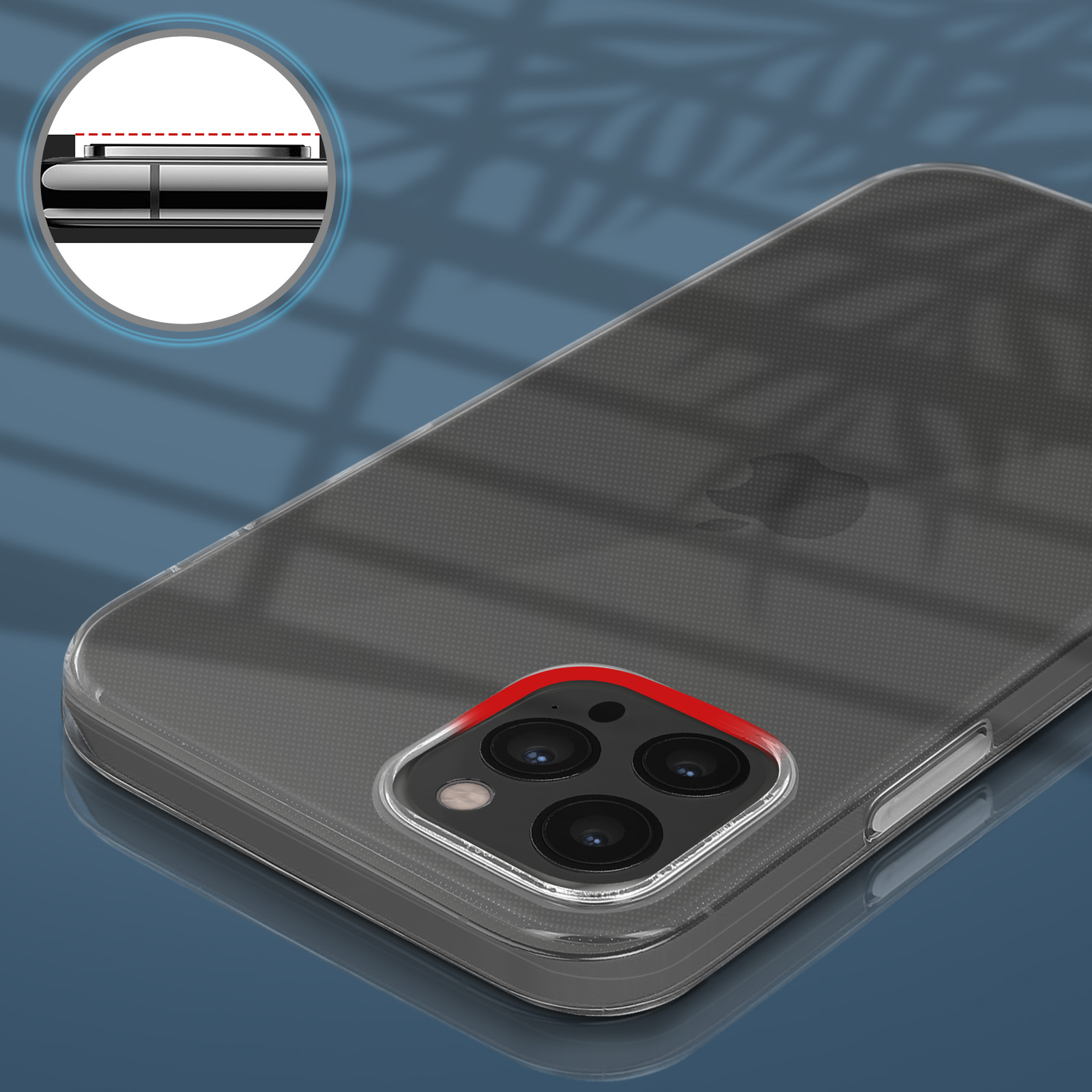 Una custodia per telefono con retro trasparente e bordo rosso attorno alla fotocamera. Il telefono è su una superficie.