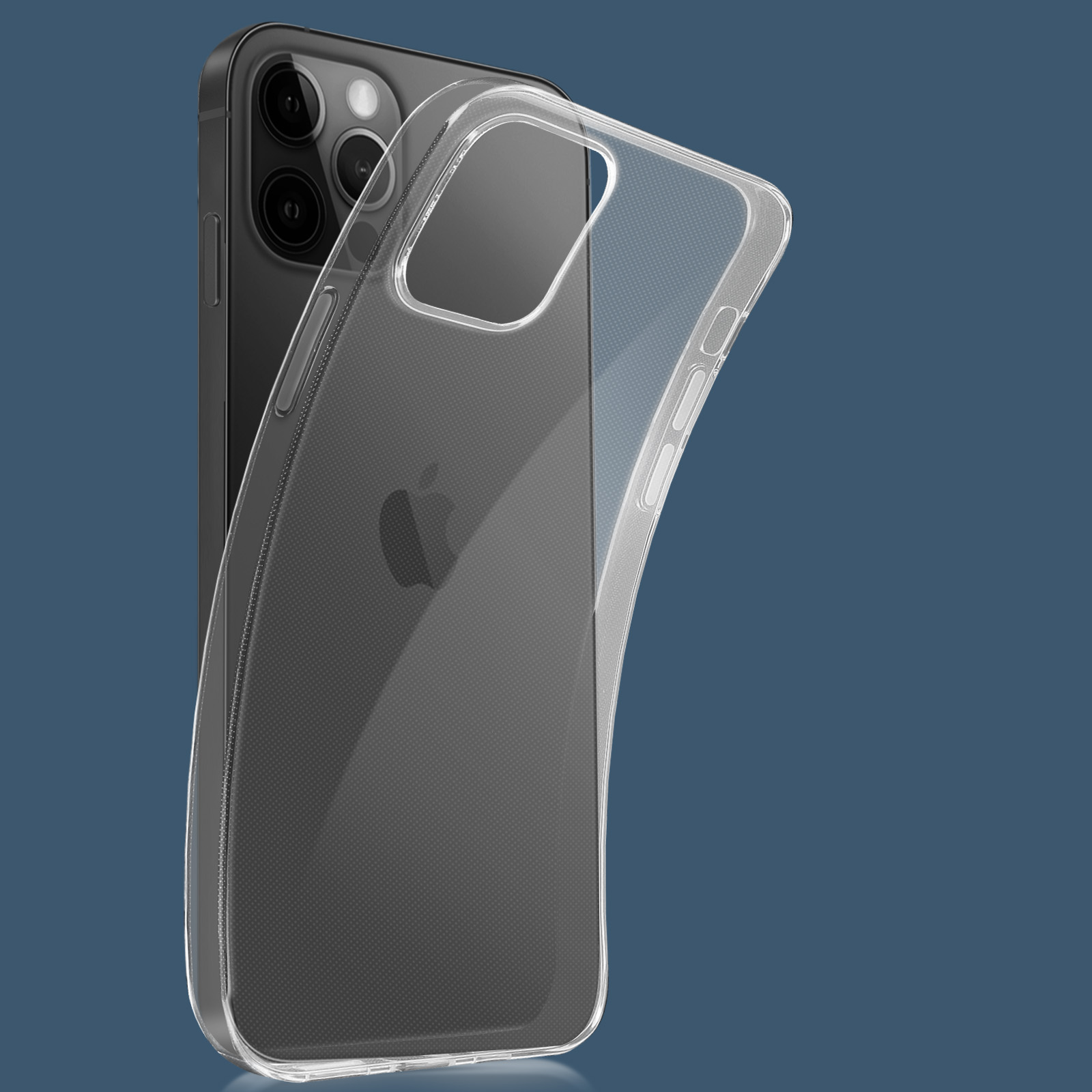 Custodia trasparente per telefono su un telefono nero. La custodia è leggermente aperta. Sfondo blu.