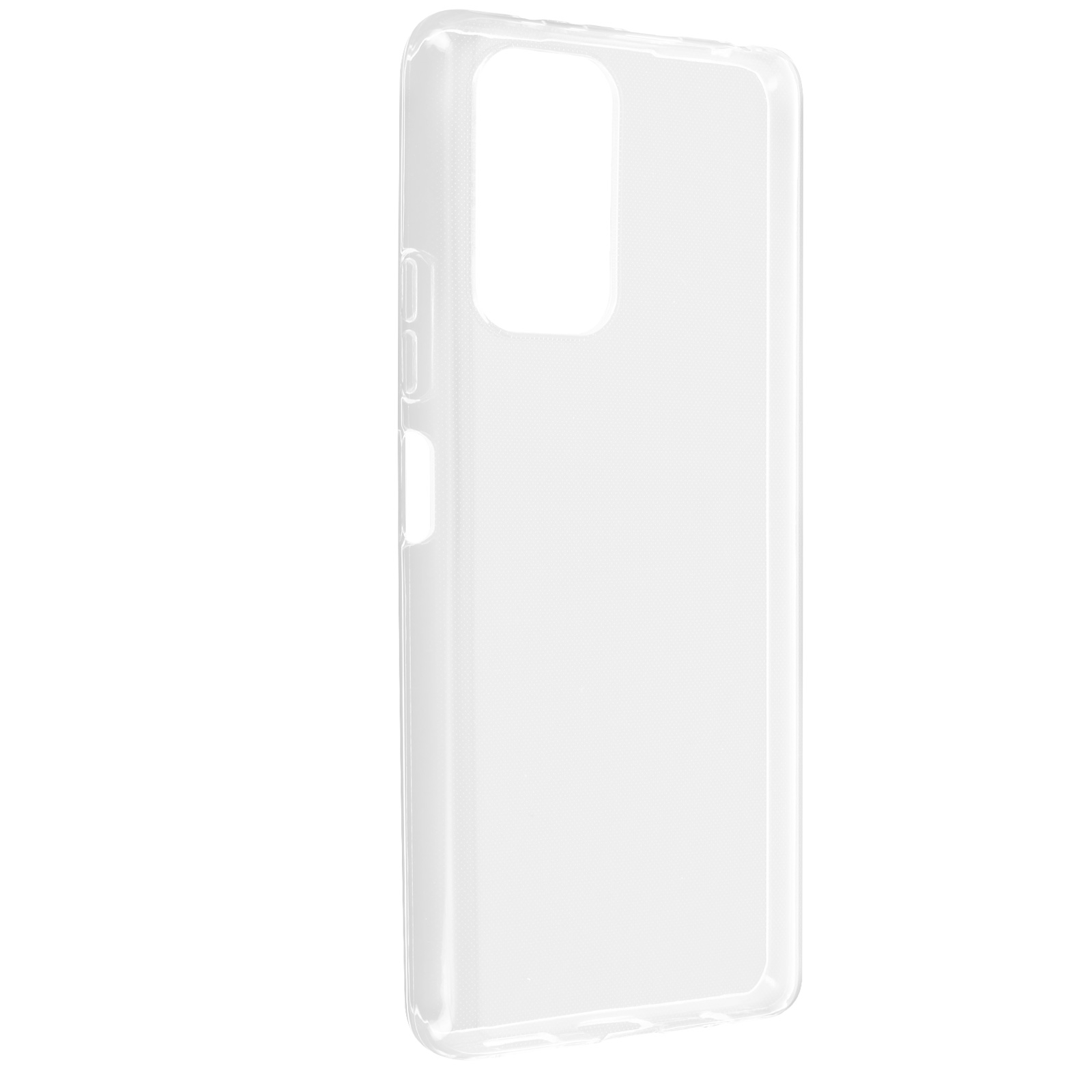 Custodia trasparente per telefono su sfondo bianco. Vista laterale con ritagli per fotocamera e pulsanti.