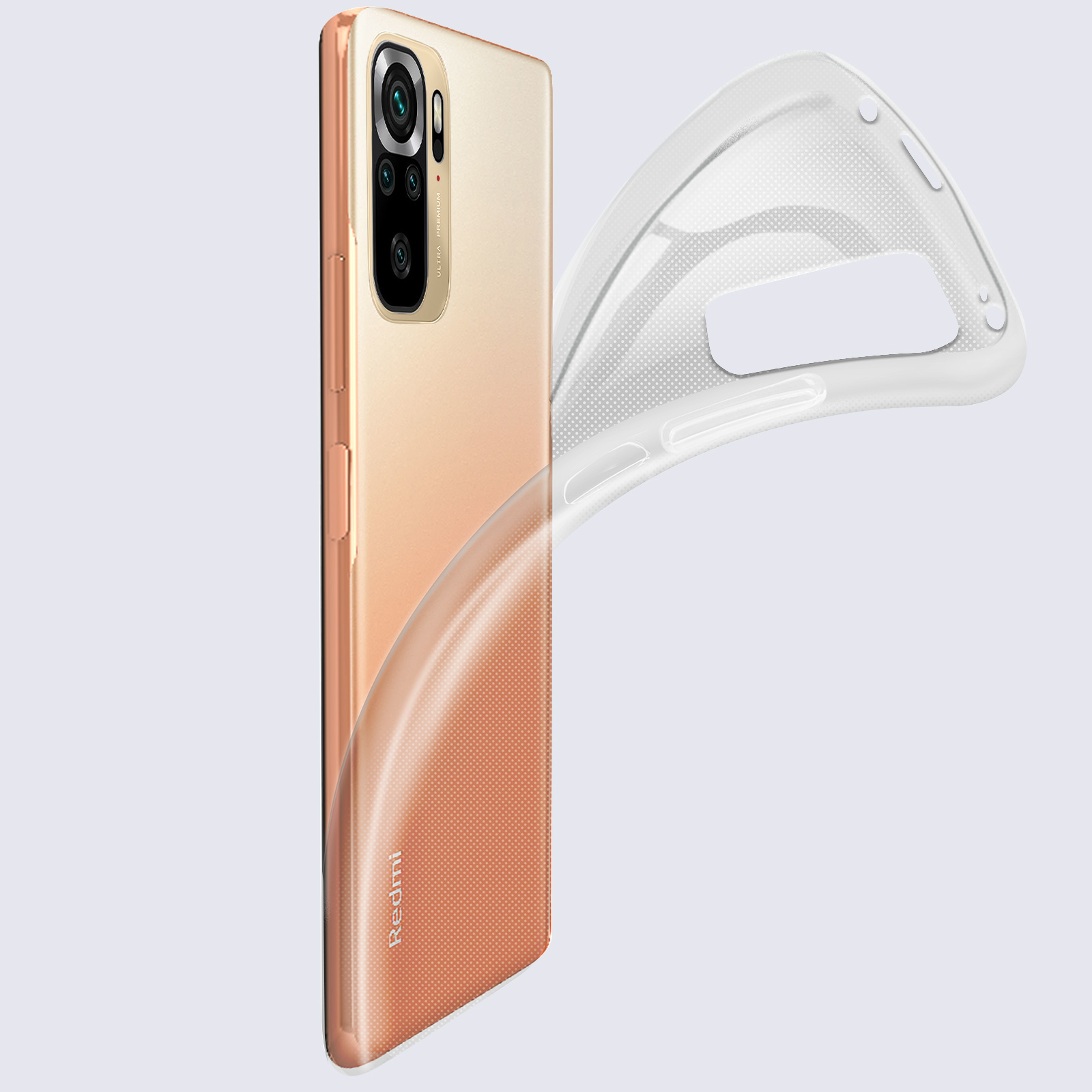 Telefono con custodia trasparente e logo redmi, custodia parzialmente staccata.