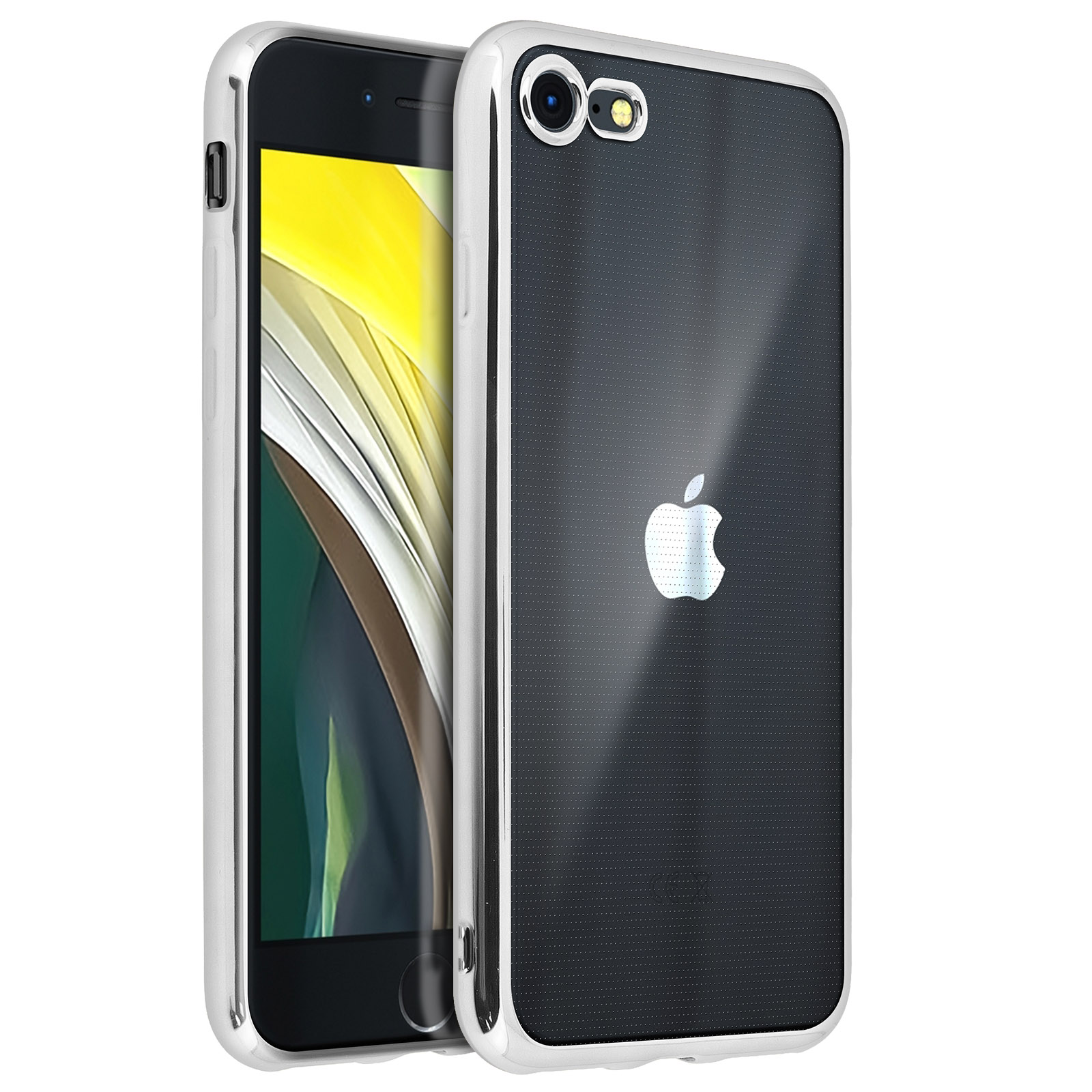 Due telefoni con custodie. Uno nero con cornice bianca, uno argento con custodia trasparente.