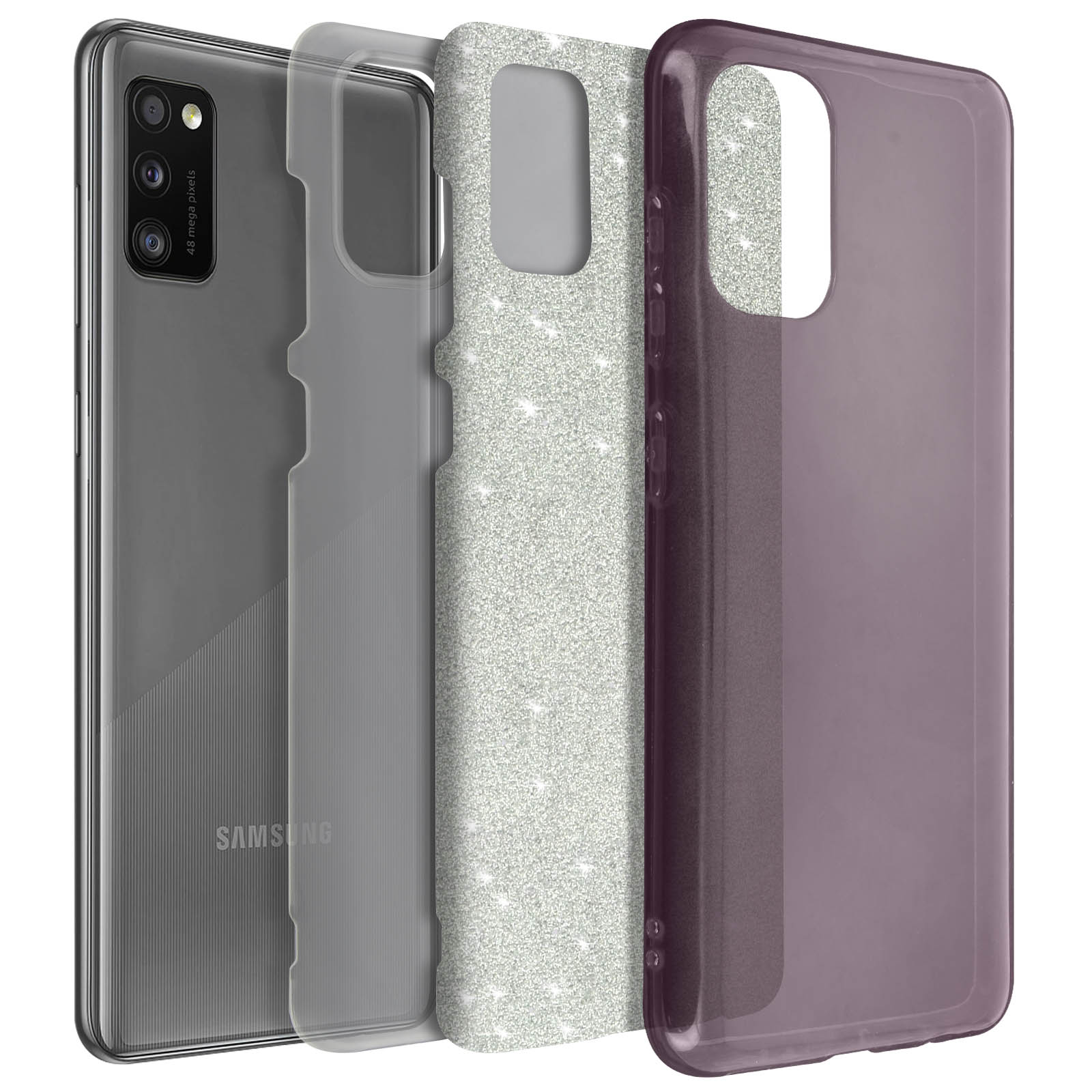 Telefoon met meerdere hoesjes. De telefoon wordt getoond met een zilveren achterkant en drie verschillende hoesjes.