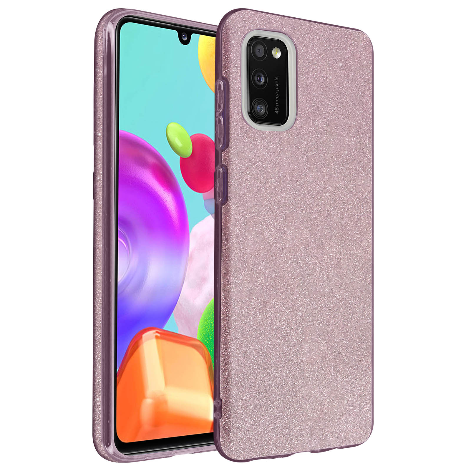Roze glitter telefoonhoesje. Telefoon gedeeltelijk zichtbaar. Heeft een camera en paarse knoppen.