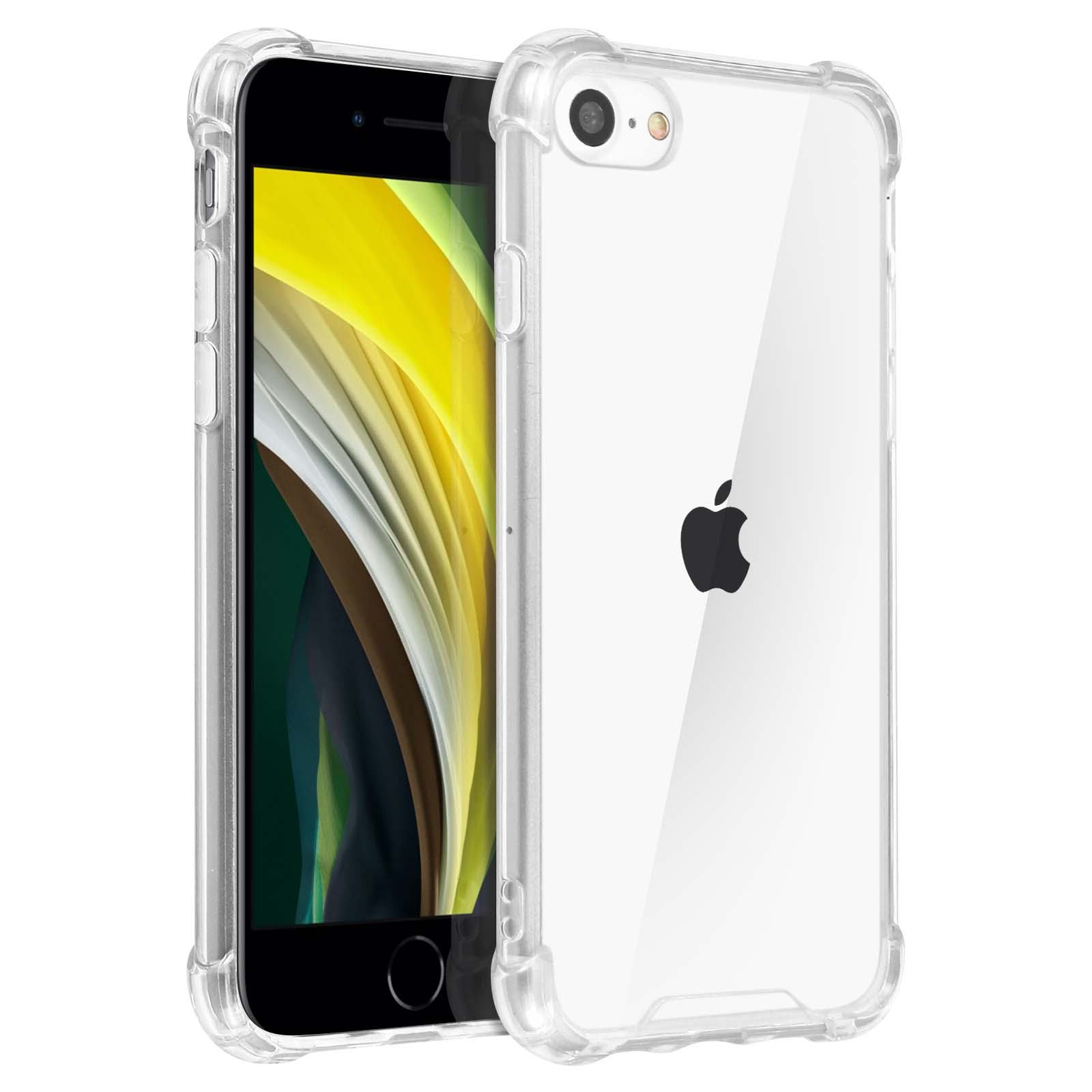 Due telefoni. Uno con custodia trasparente, che mostra il logo Apple.