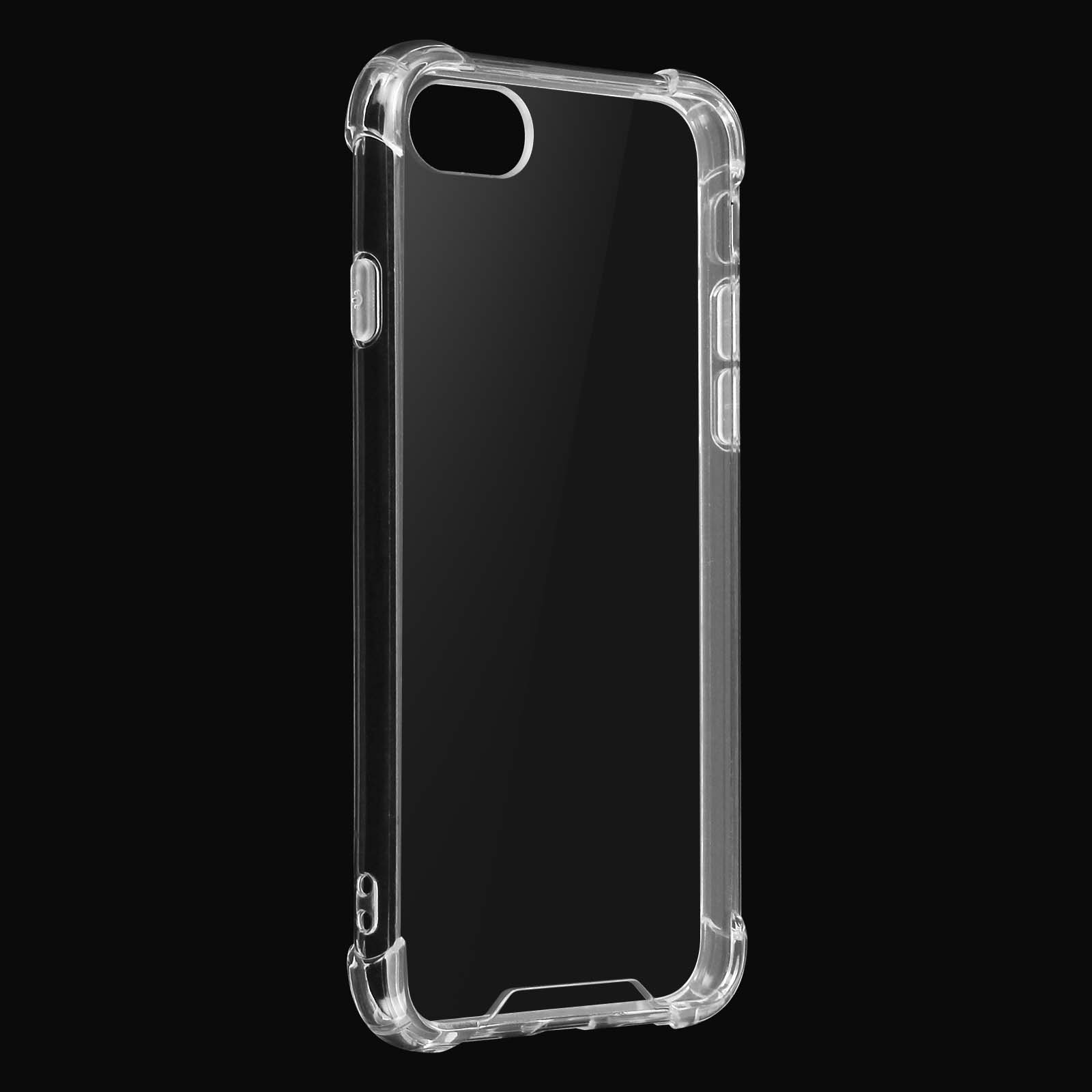 Custodia trasparente per telefono su sfondo nero, con una chiara visione del telefono.