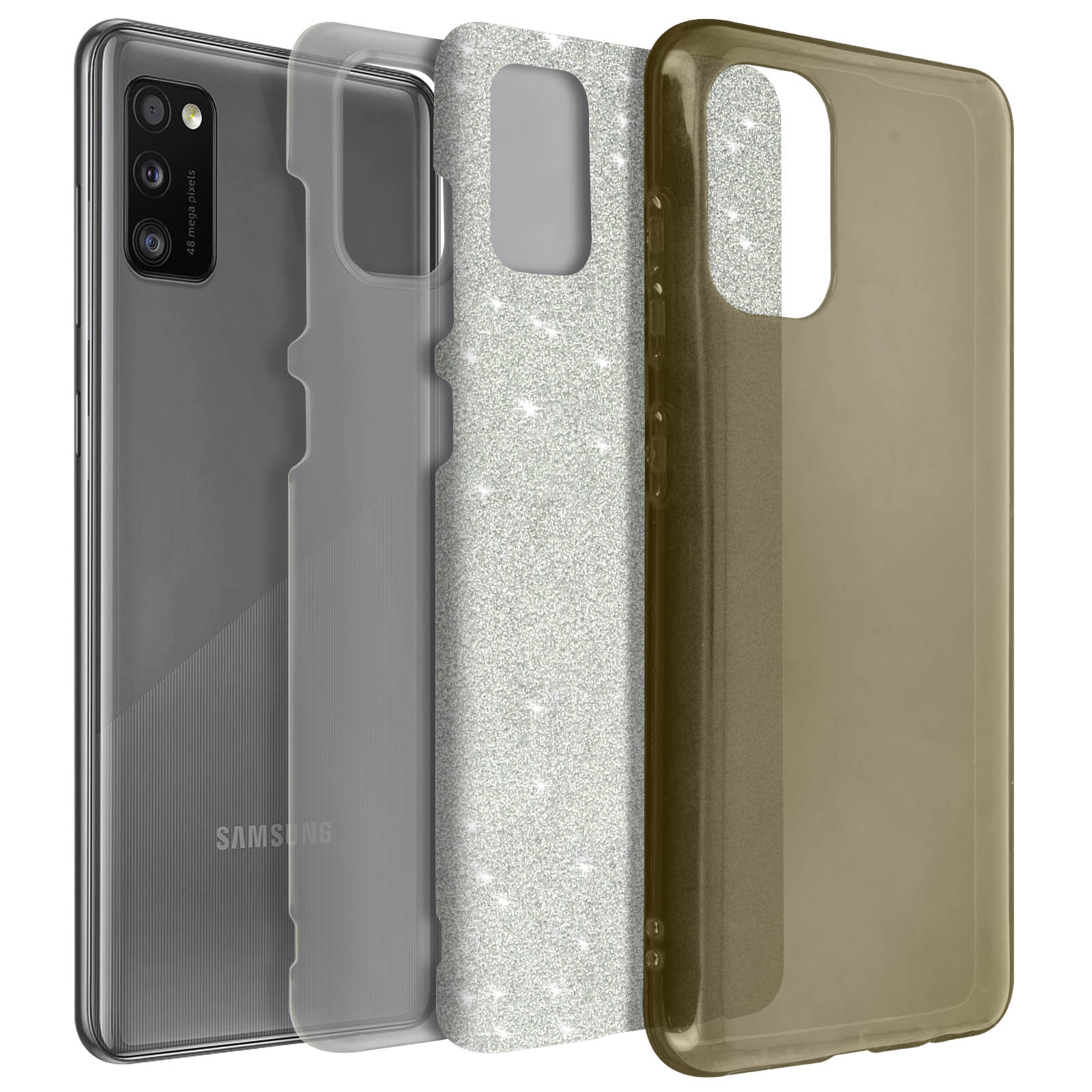 Telefoon met drie hoesjes, transparant, glitter en transparant, en een telefoon.