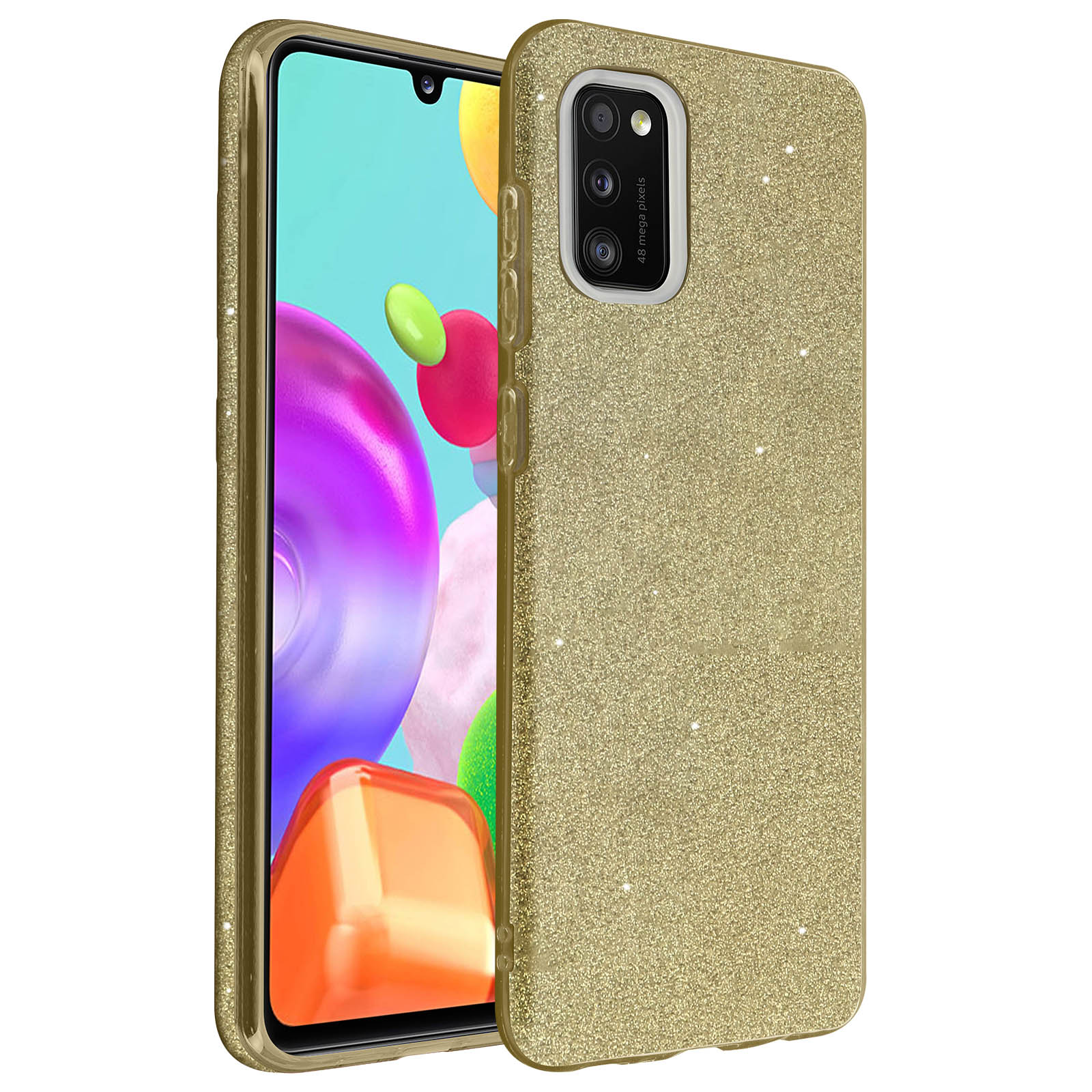 Gouden glitter telefoonhoesje met drievoudige camera en schermbeschermer.
