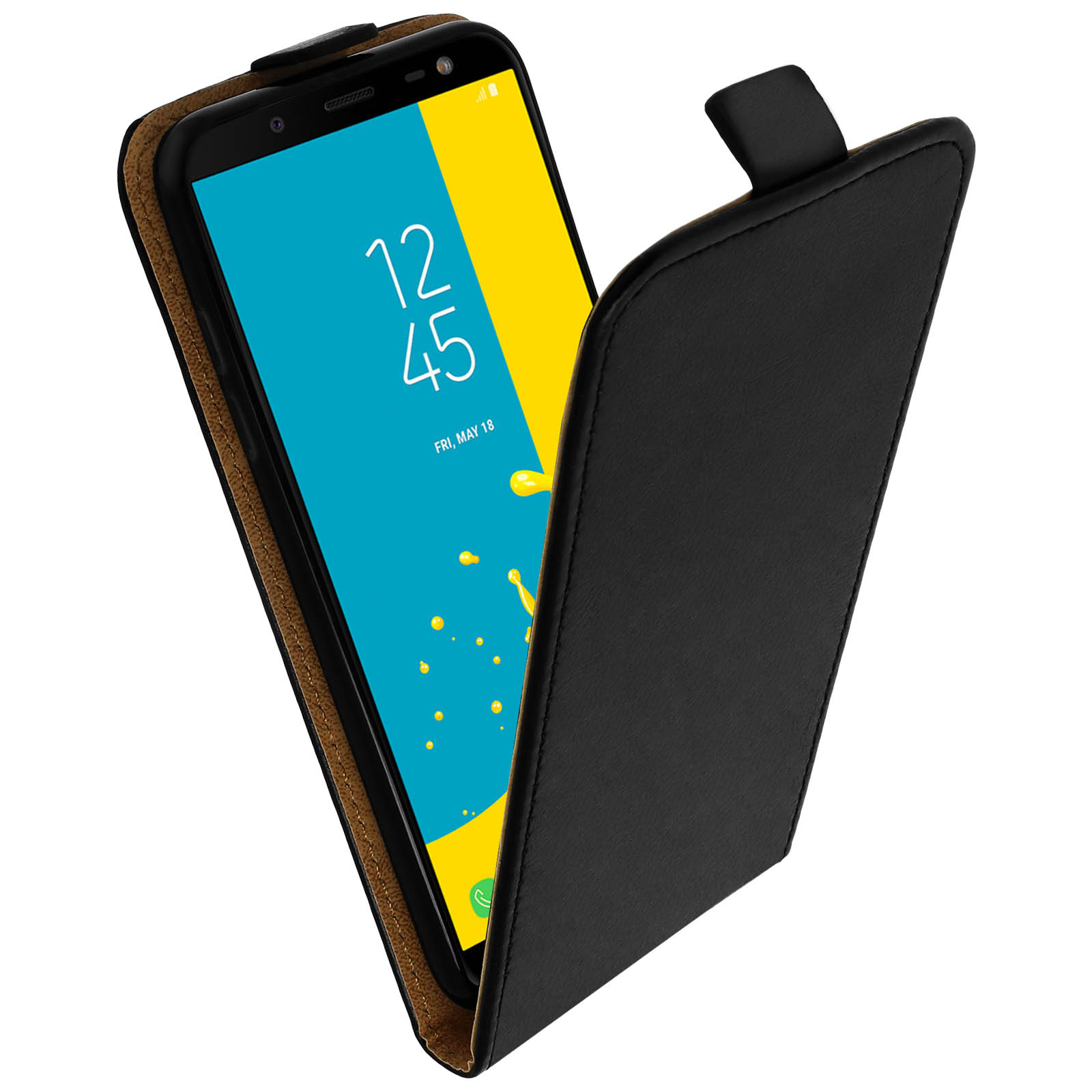 Geöffnete schwarze Handyhülle, zeigt ein Telefon mit gelbem Bildschirm und Uhrzeit.